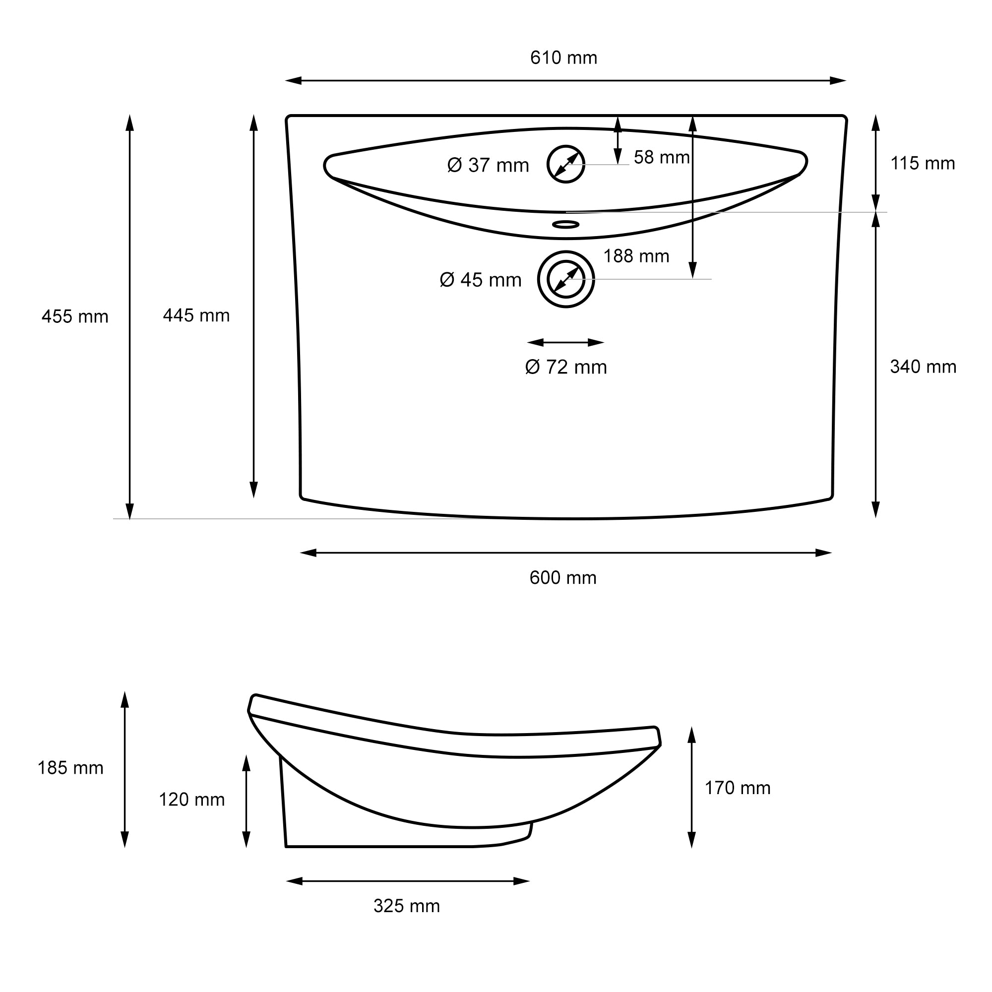 Dibujo técnico de un cuenco de lavabo con medidas.