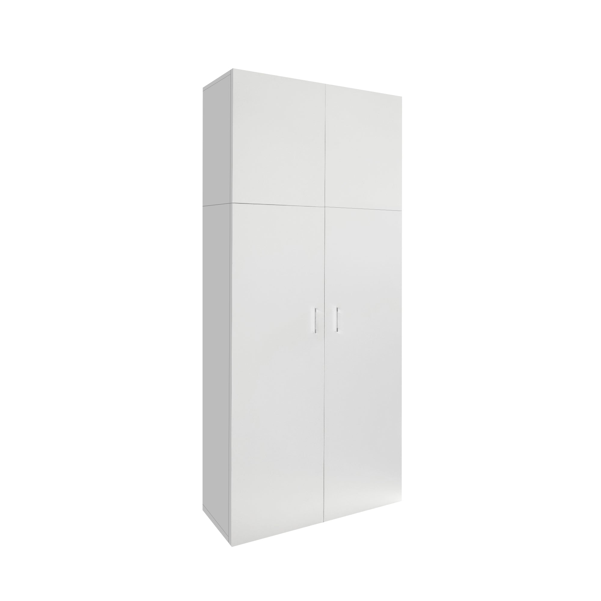 Armoire haute et étroite blanche avec deux portes et deux compartiments.