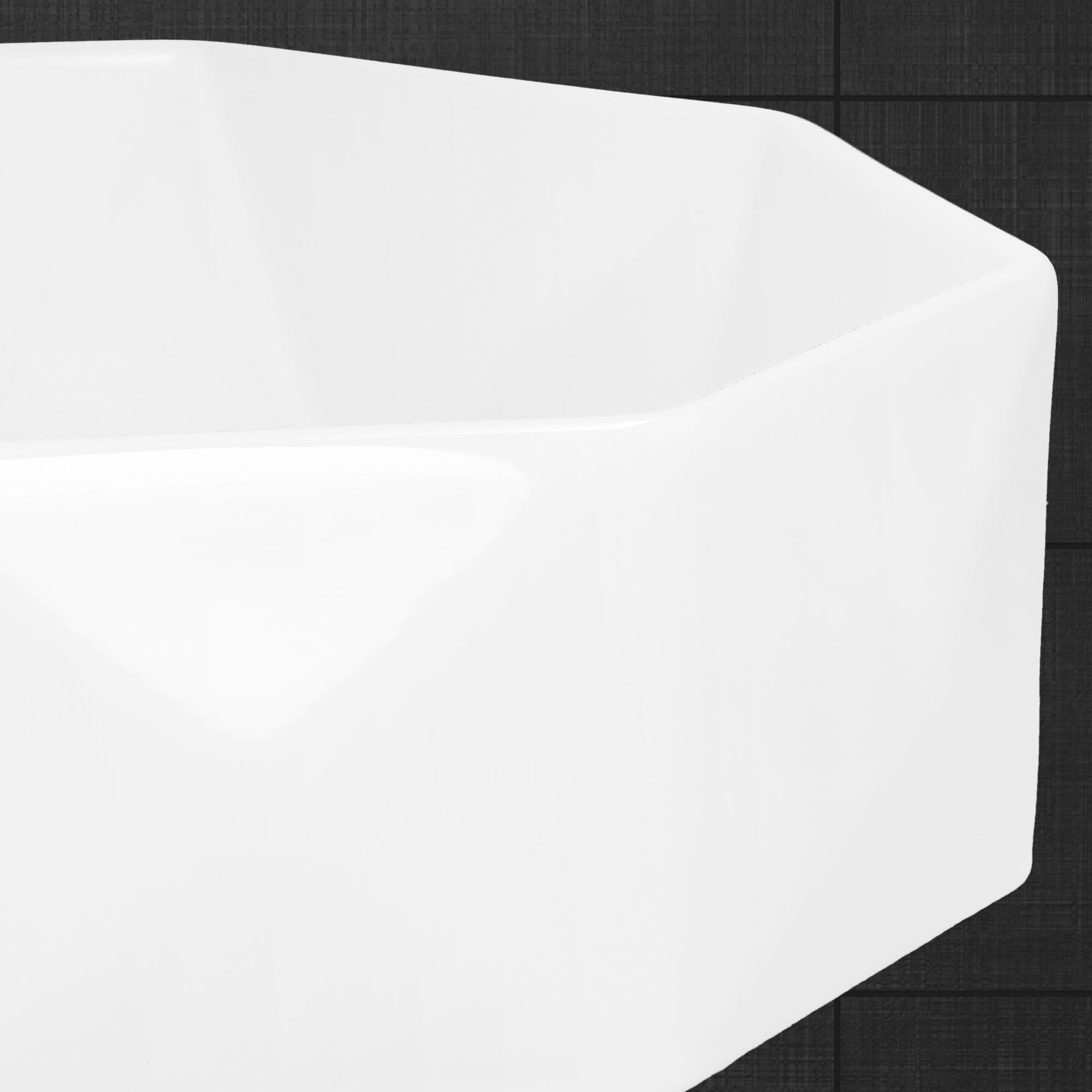 Lavabo blanc hexagonal sur fond sombre.