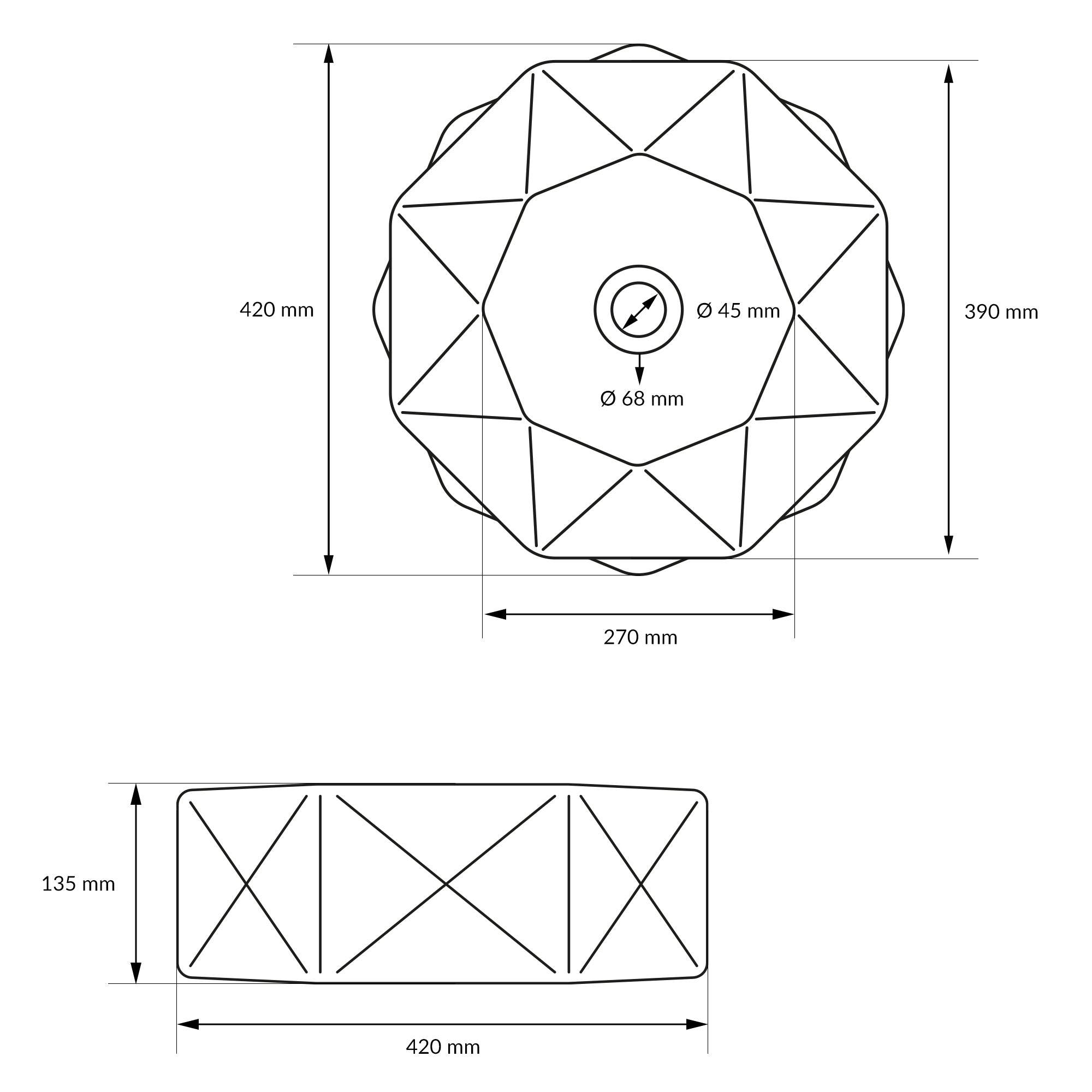 Dessin technique d'un objet rond avec des dimensions et des diamètres.