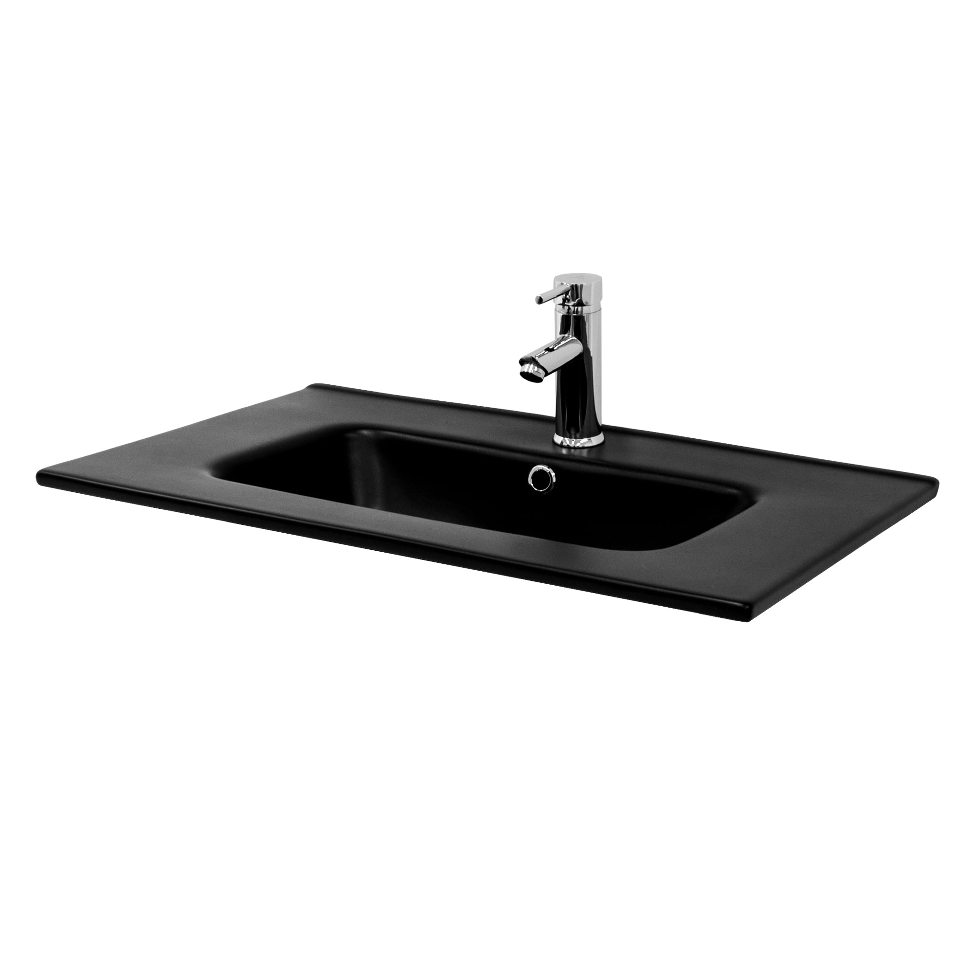 Lavabo noir avec robinet sur un plateau rectangulaire.