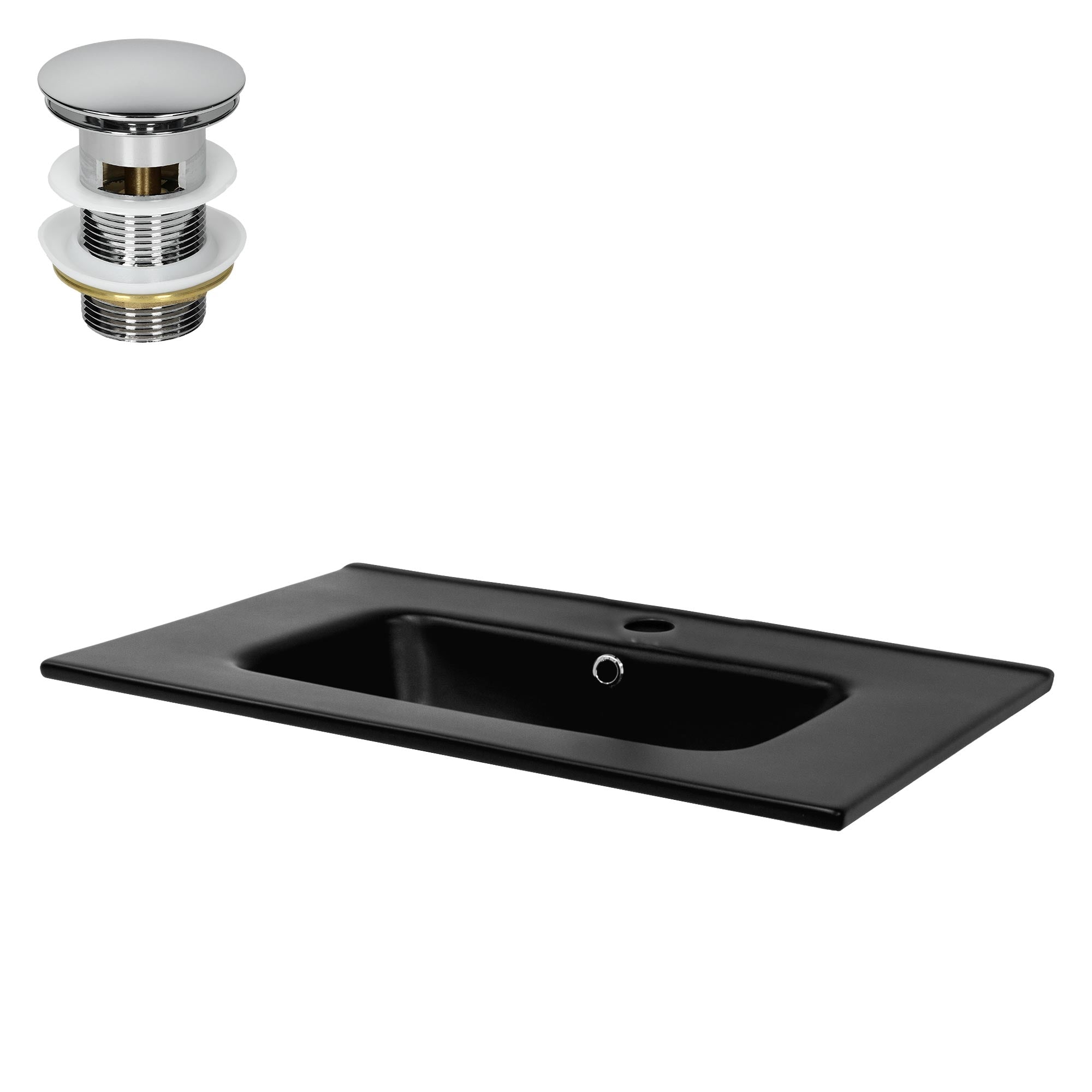 Lavabo nero con scarico e sovrappressione.
