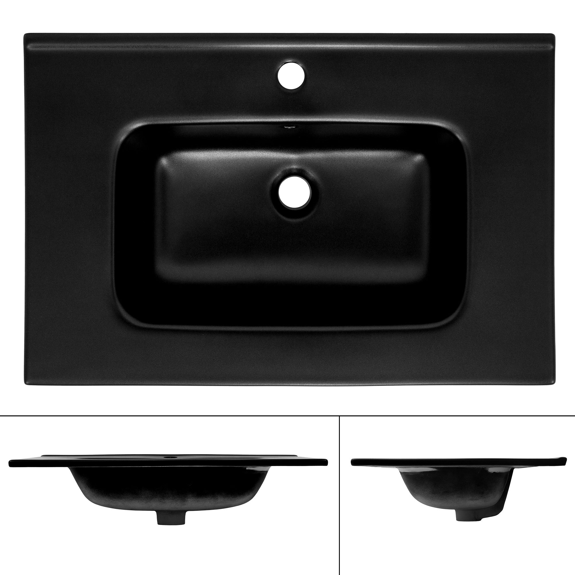 Lavabo nero visto dall'alto, con vista sull'apertura di scarico.