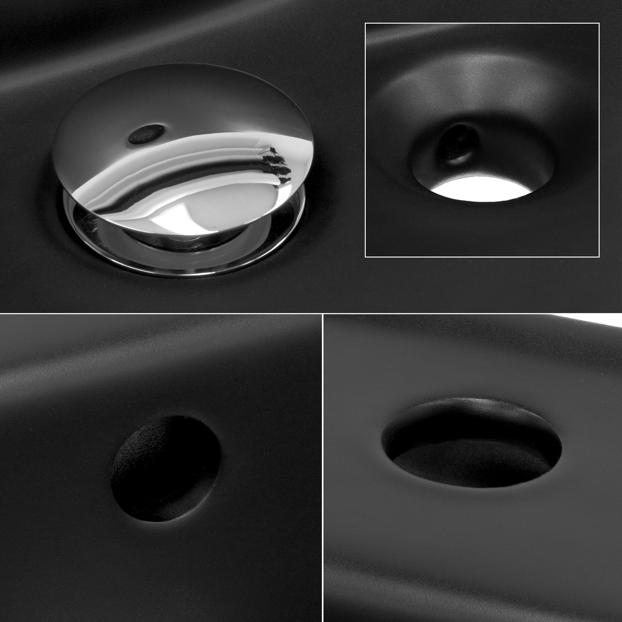 Gros plan d'un drain et d'un trop-plein dans un lavabo noir.