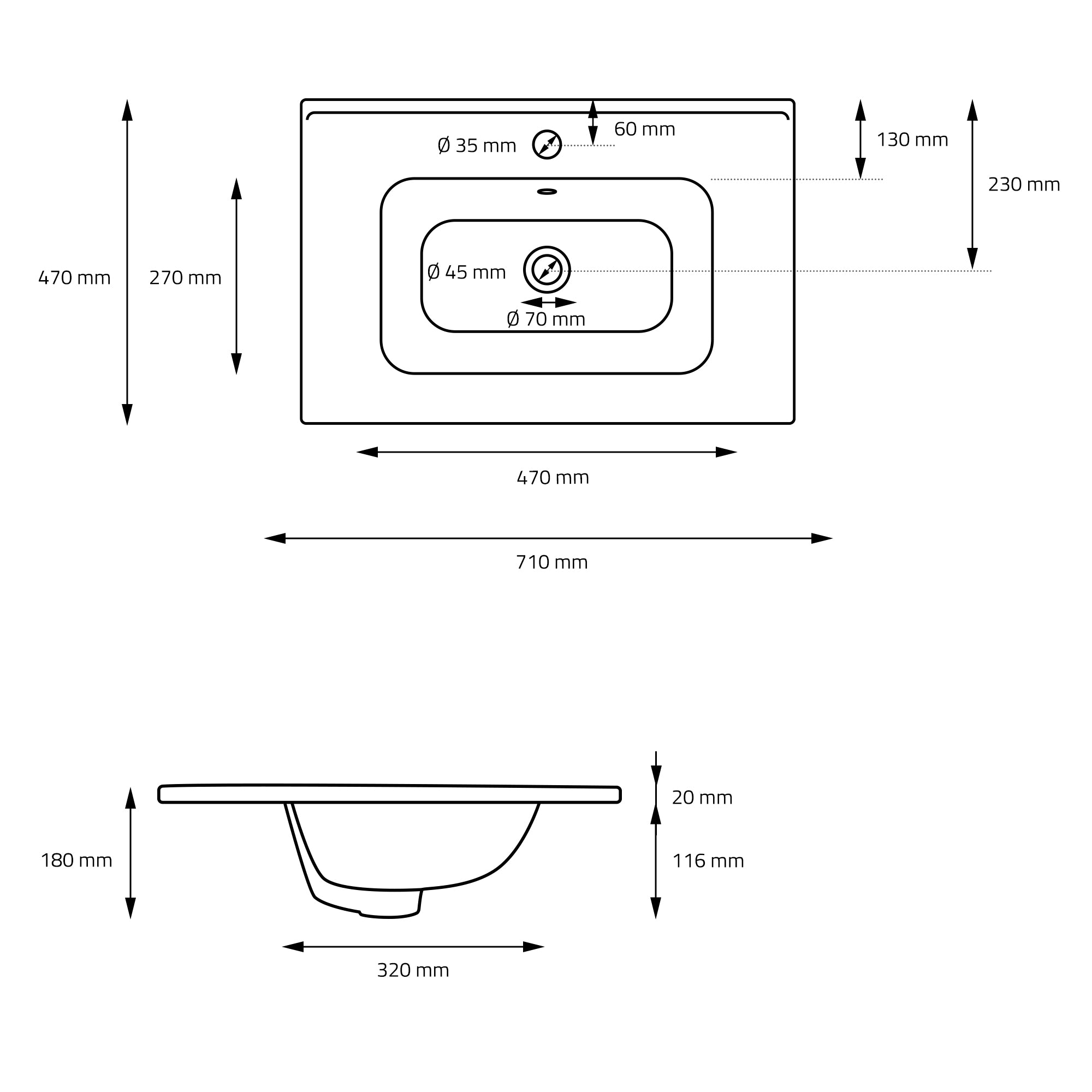 Disegno tecnico di un lavabo con misure.