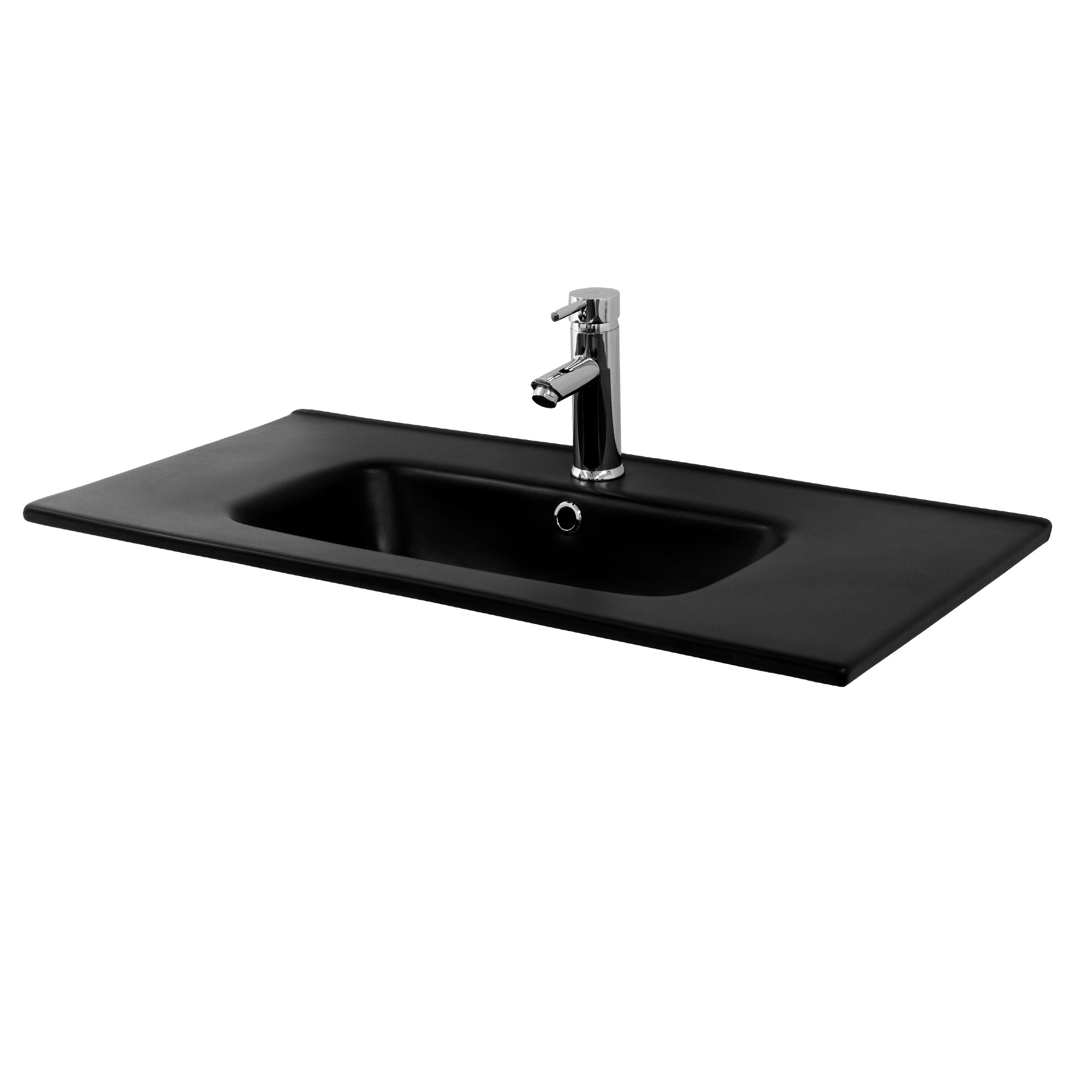 Schwarzes Waschbecken mit Wasserhahn auf einer flachen Oberfläche.