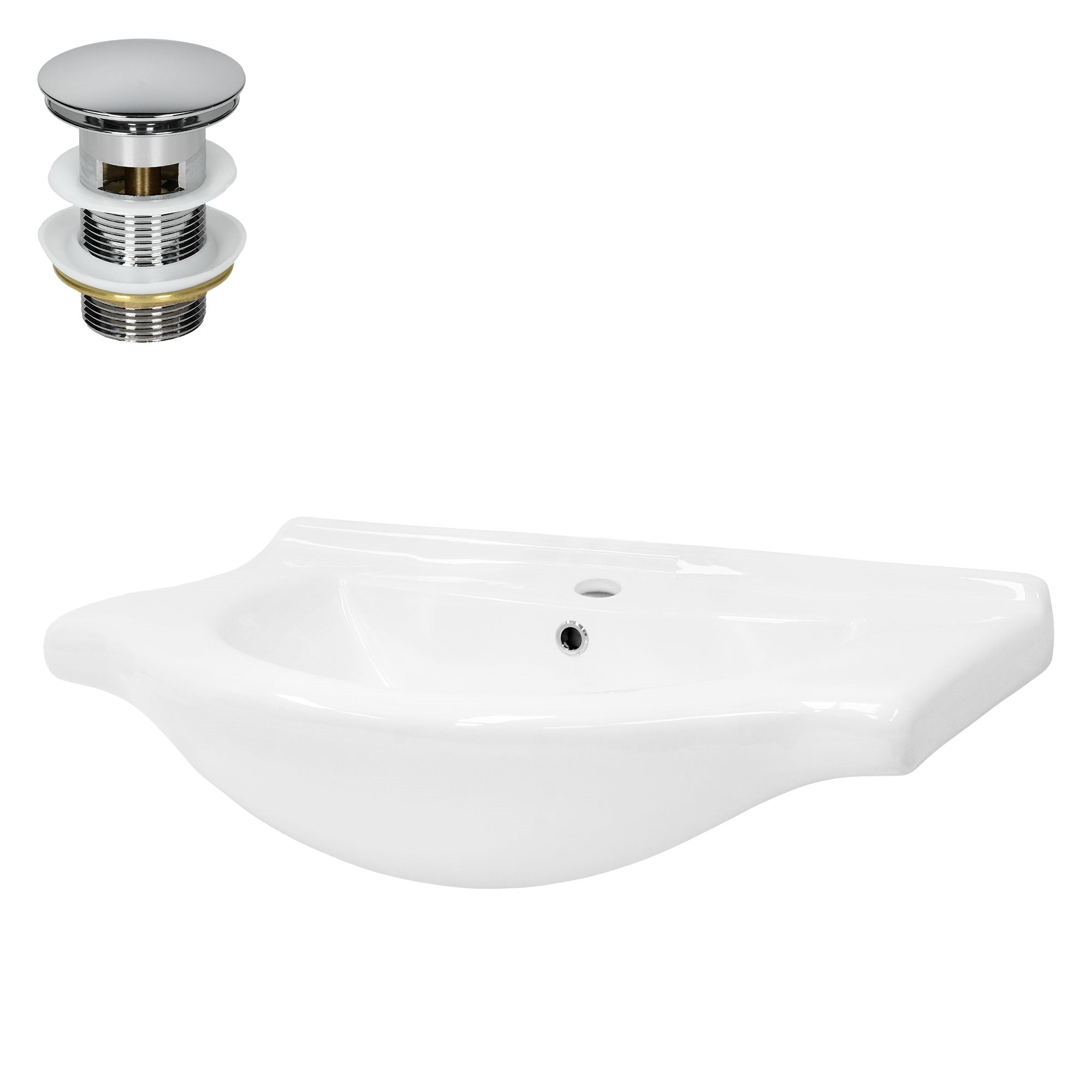 White sink with drain and overflow, on a white background.