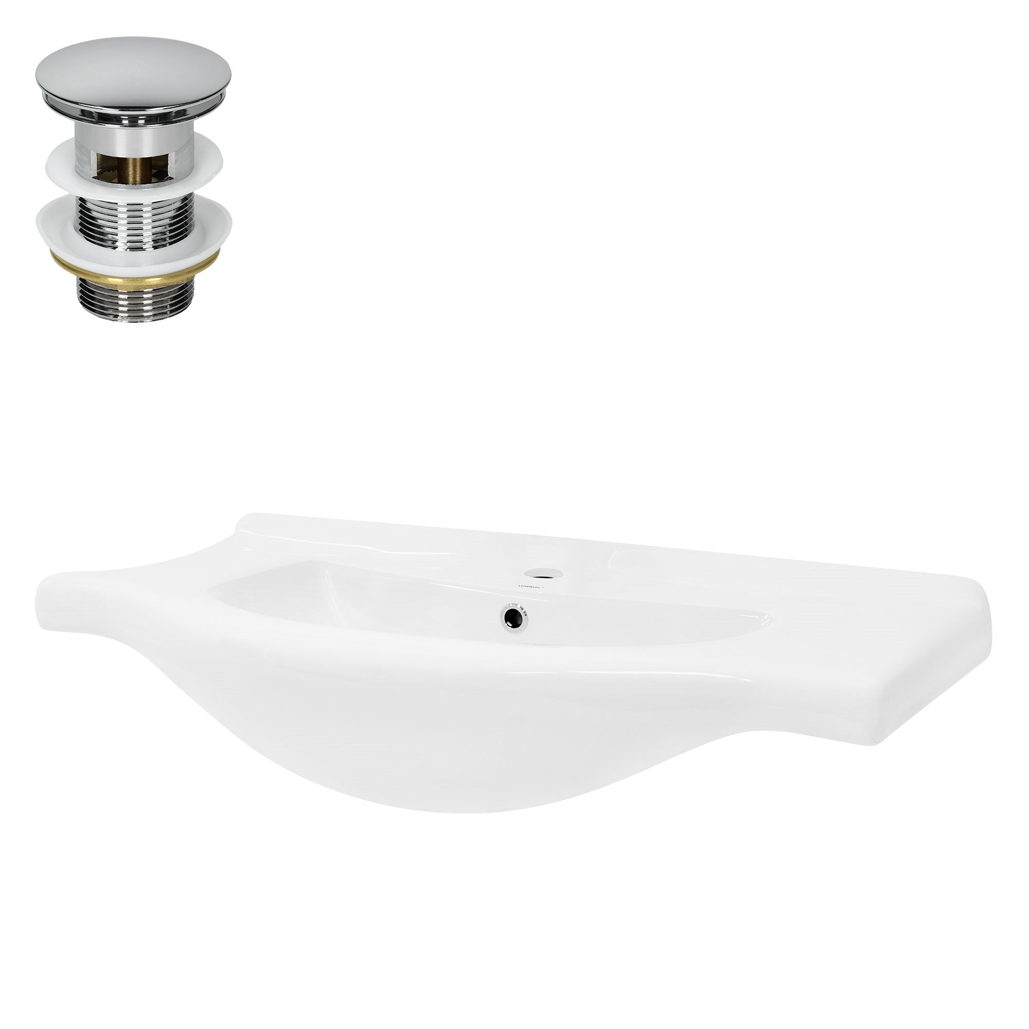 White wall-mounted sink with a drain opening and chrome drain.