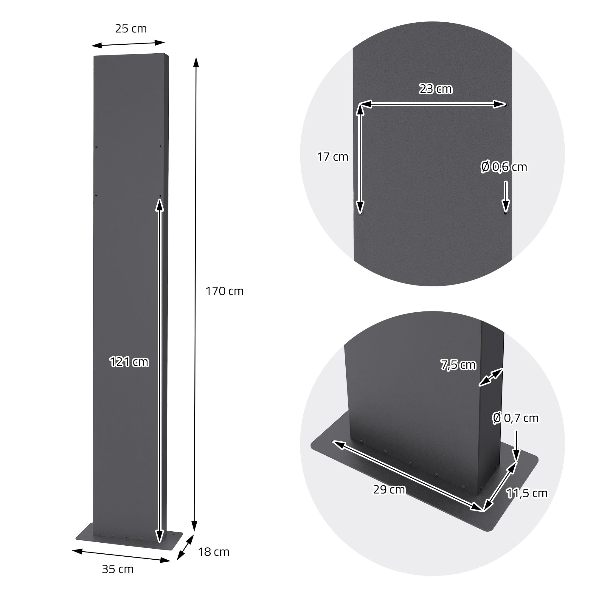Måltegning af en pakke-postkasse med dimensioner i centimeter.