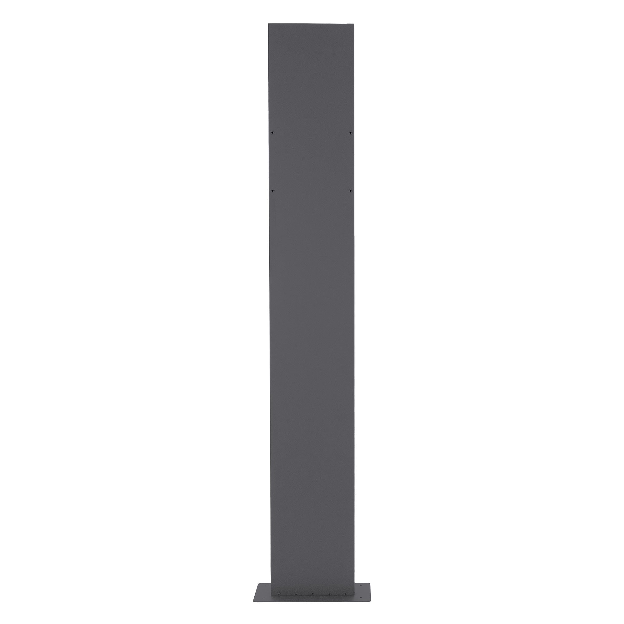 Tall, gray, narrow metal stand without further details.