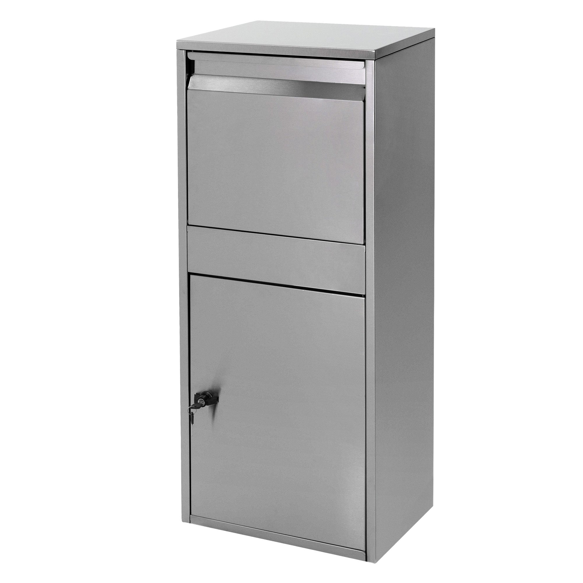 Soporte de buzón gris con compartimento superior e inferior.