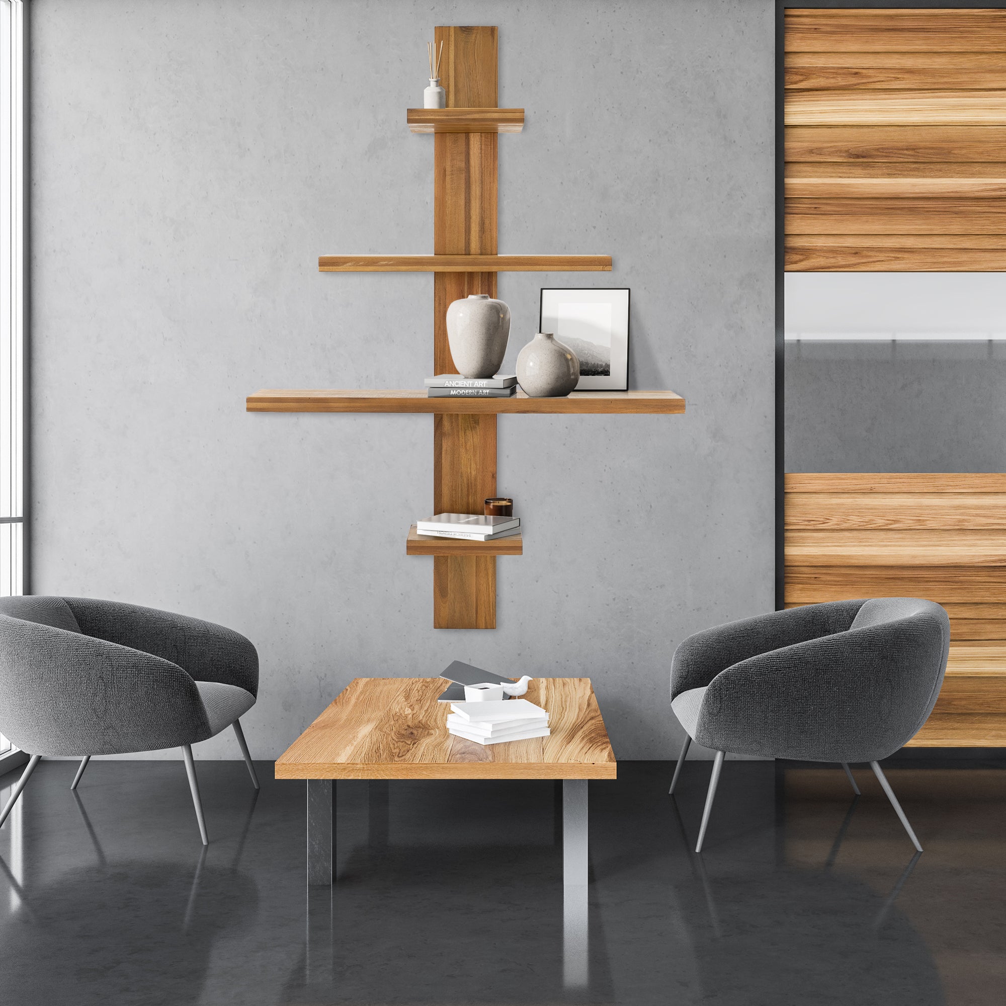 Modern living room setup with wooden shelf, vases, and two armchairs.