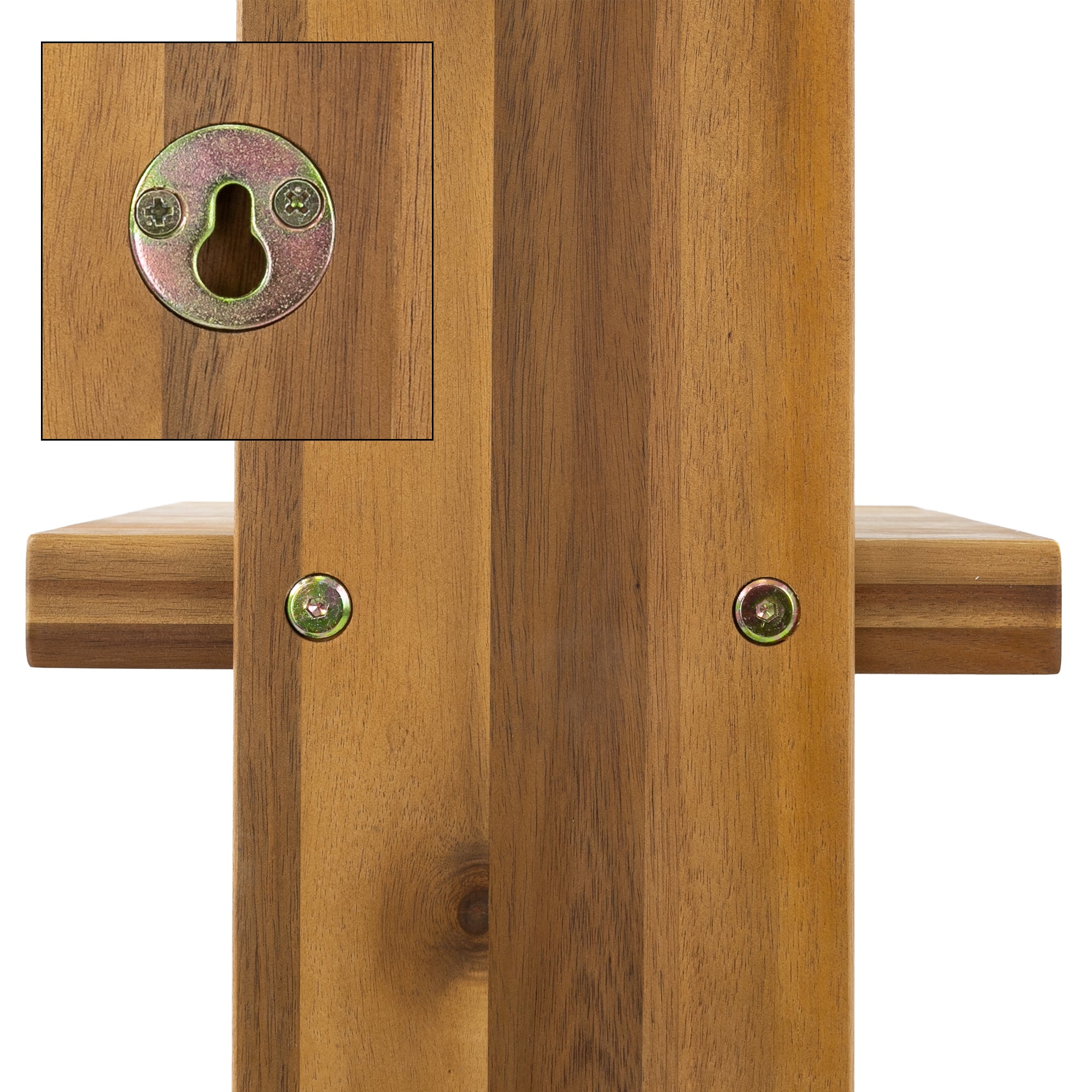 Detailed view of the wood structure with screws and a keyhole.