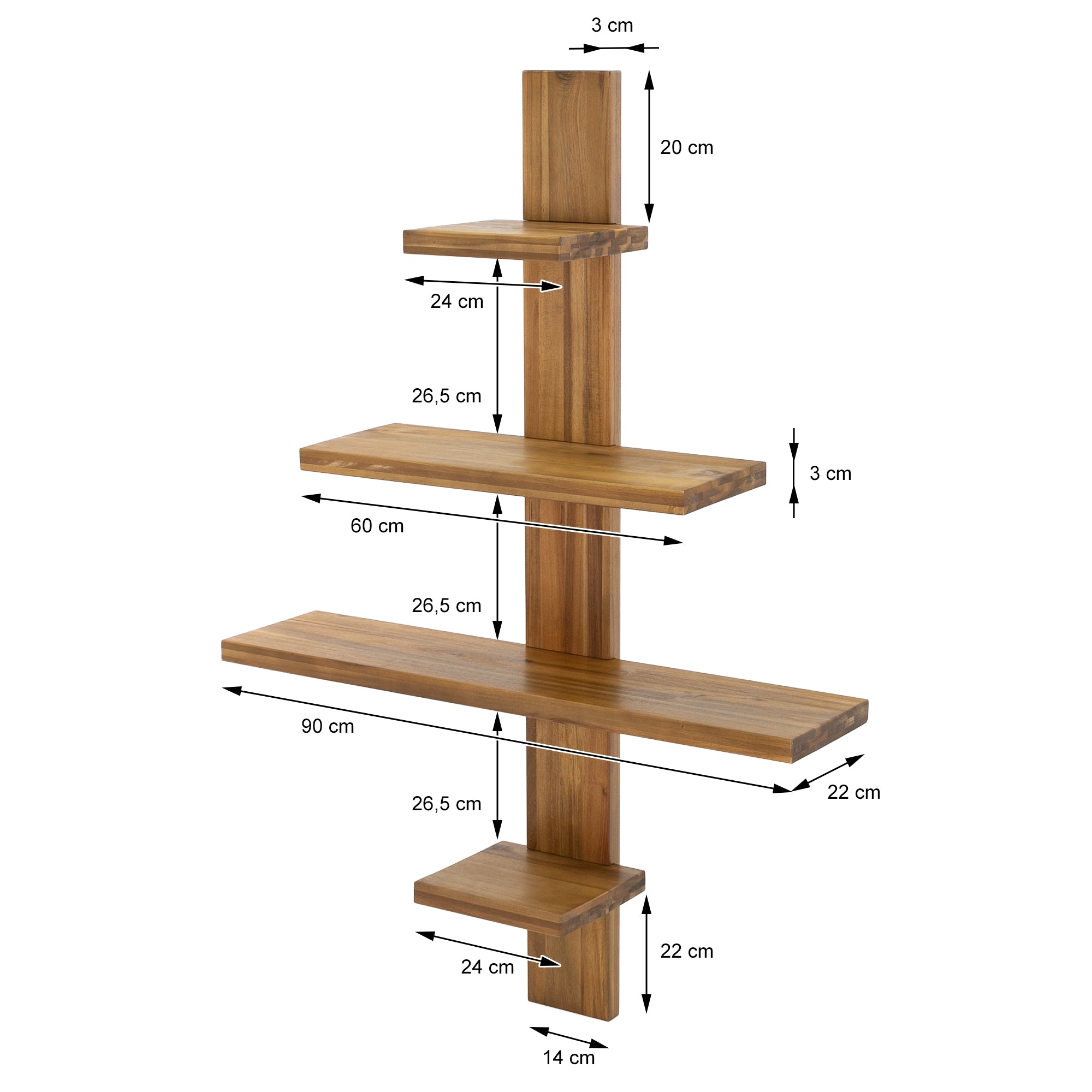 Wooden shelf with three shelves, dimensions and distances are specified.