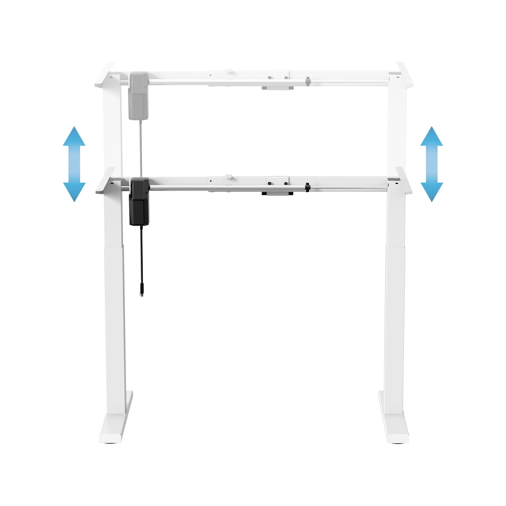 Height-adjustable table frame in white, with motor and control.