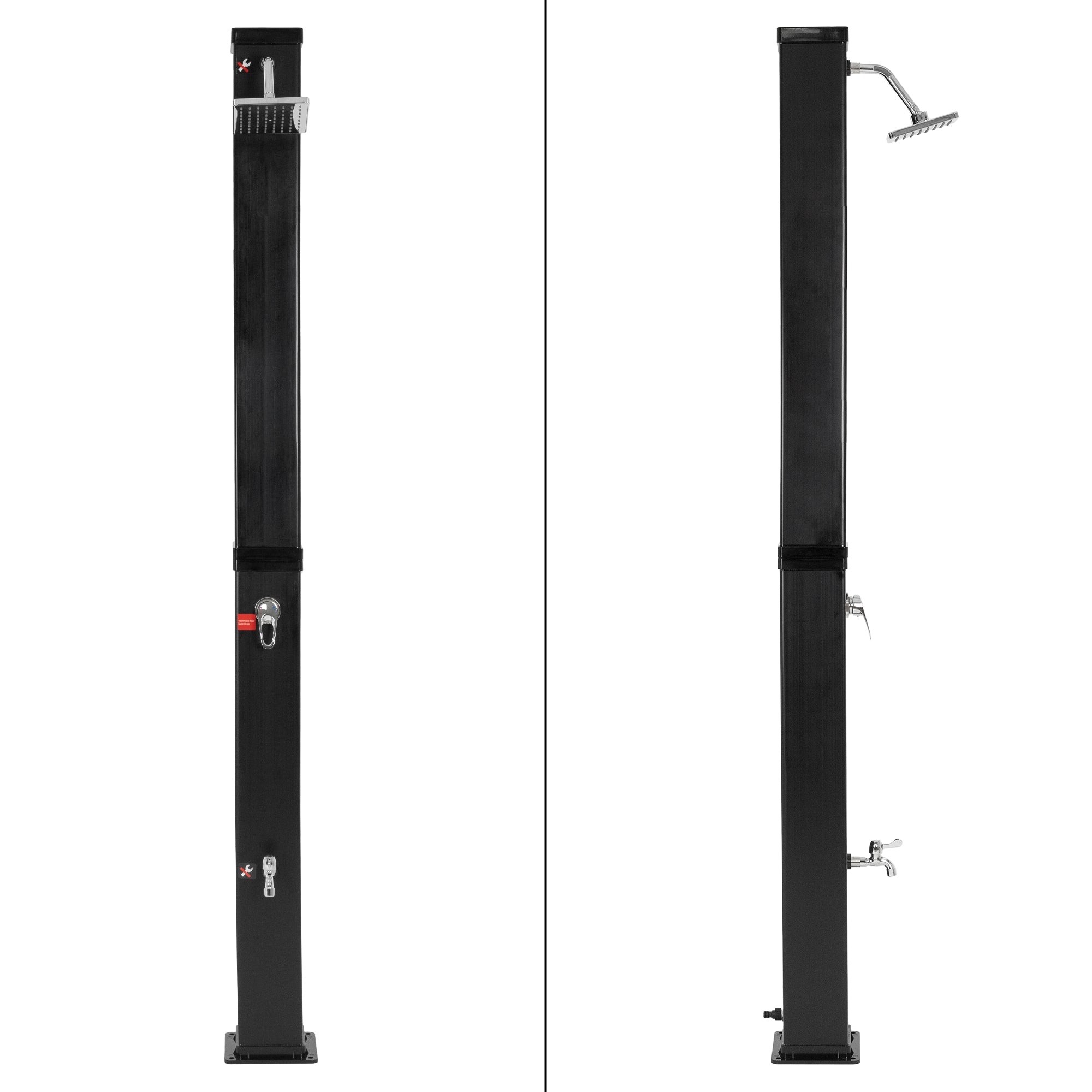 To sider af et sort brusesystem med forskellige armaturer.