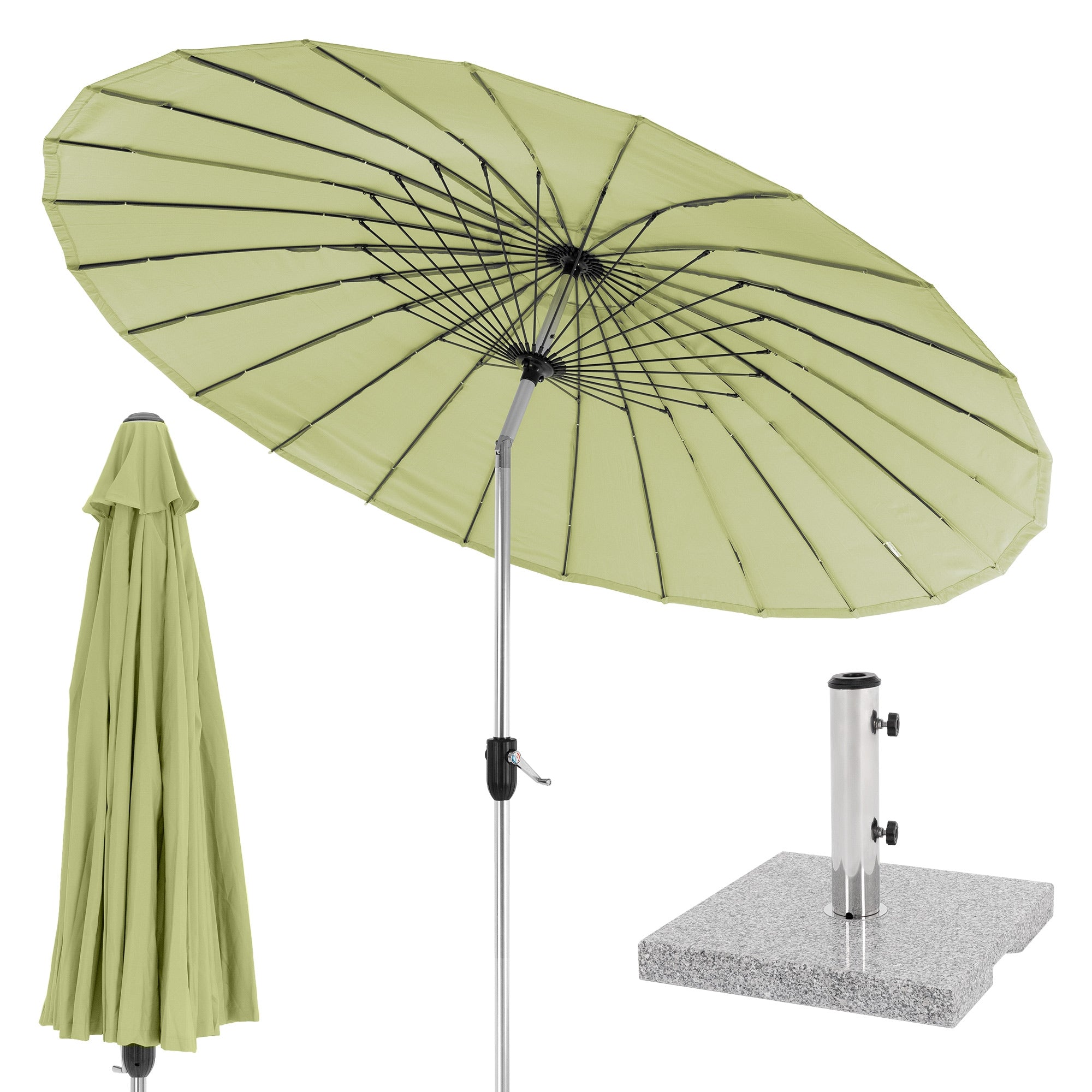 Parasol vert avec support et socle en granit.