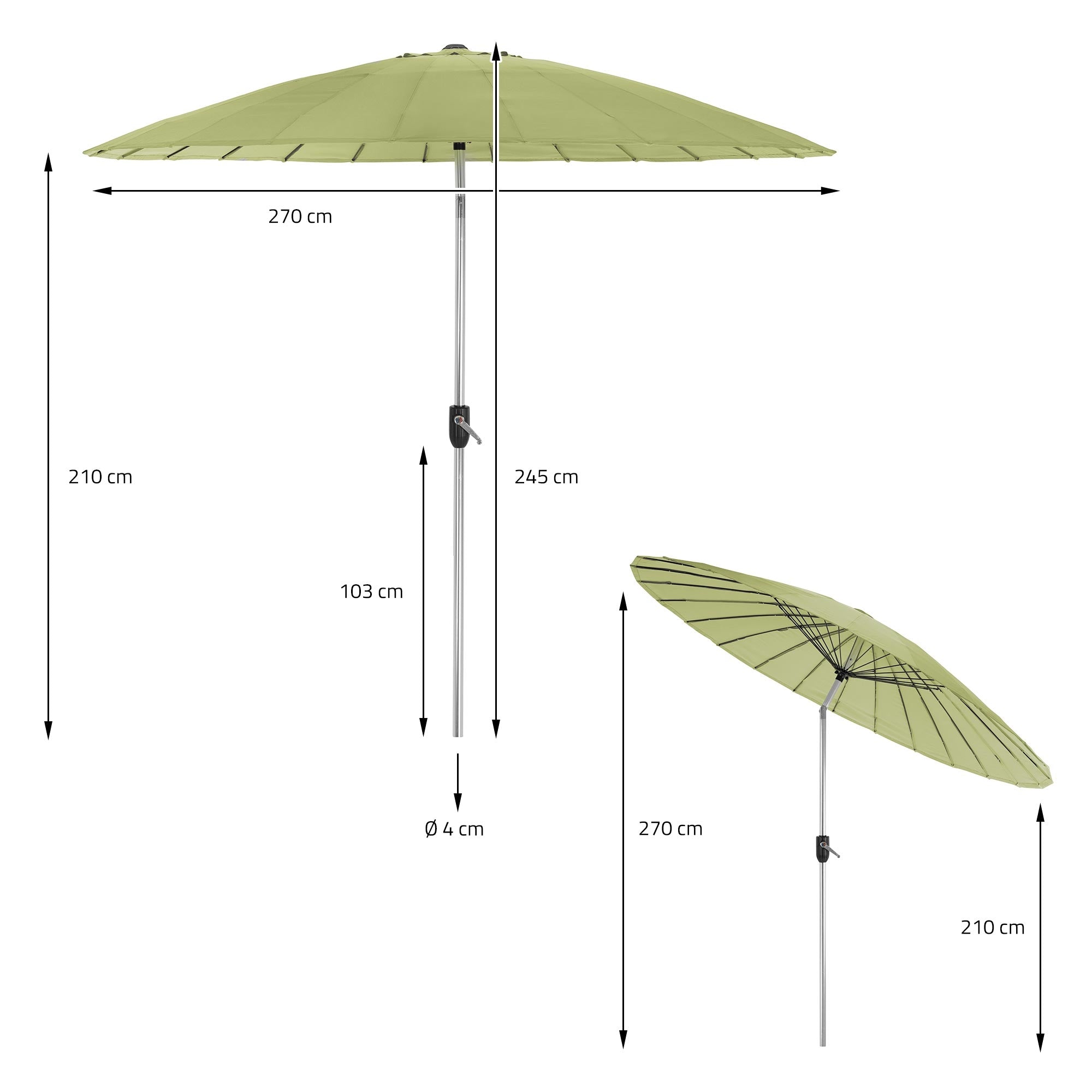 Dessin technique d'un parasol avec des indications de diamètre et de hauteur.