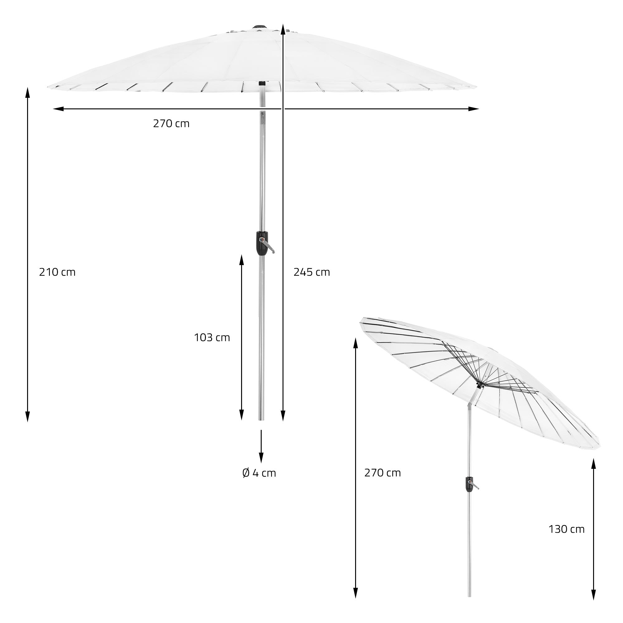Målangivelse af en parasol med diameter og højde.