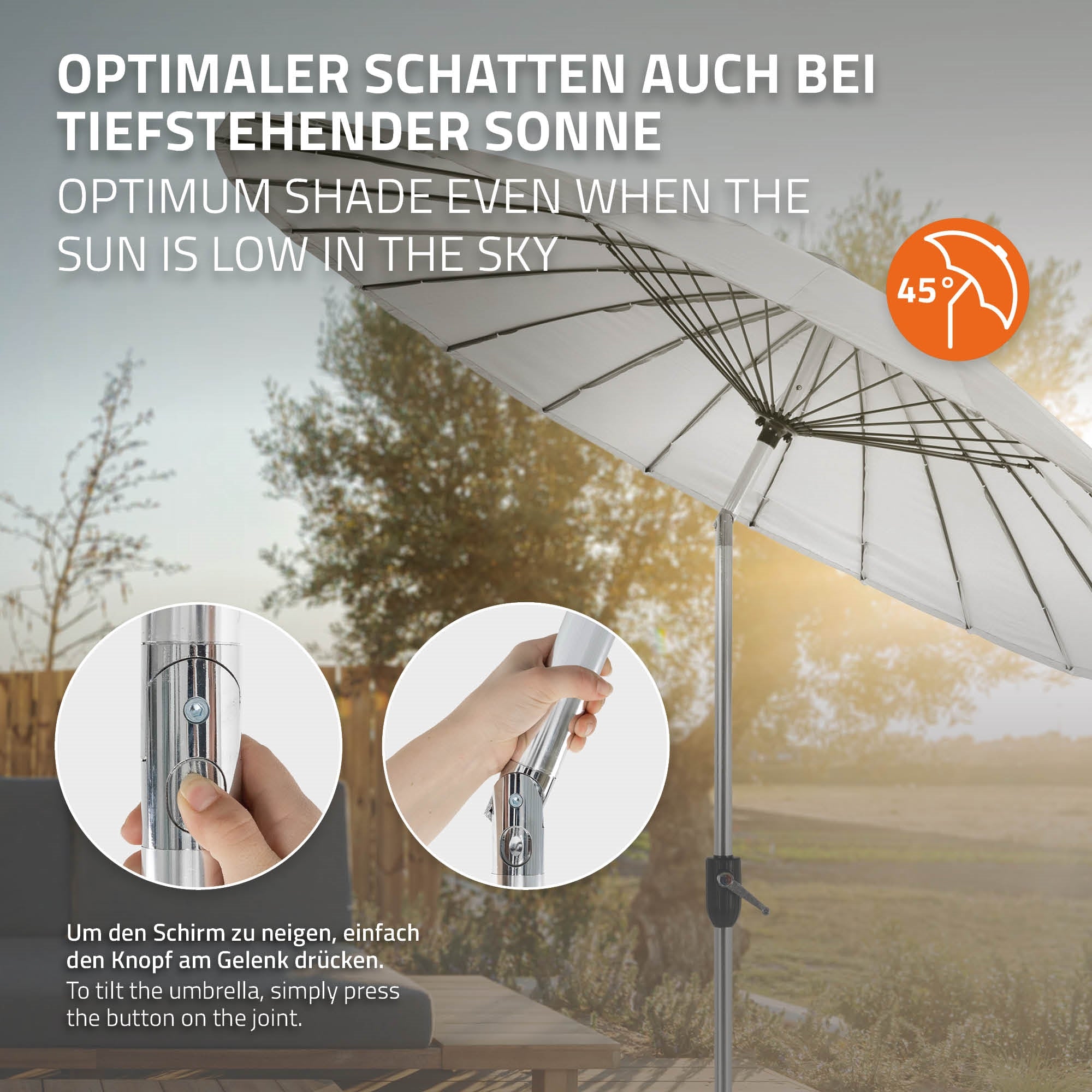 Regenschirm mit Kurbelmechanismus, der in einem Garten steht.