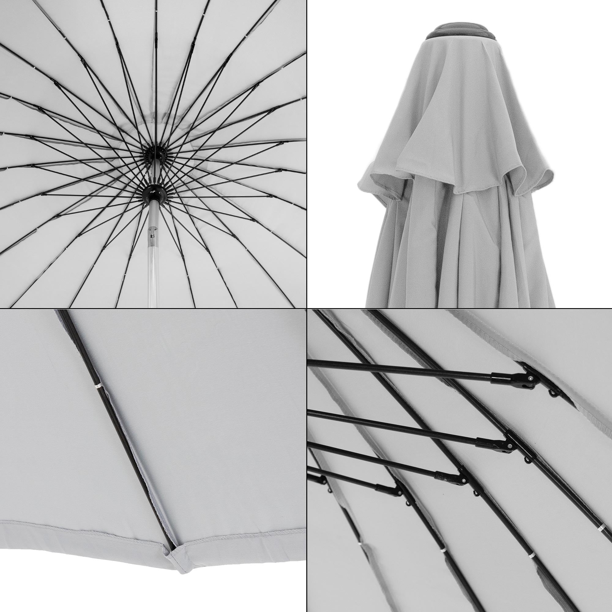 Detailansicht des Sonnenschirms von innen mit Gestell und Stoff.