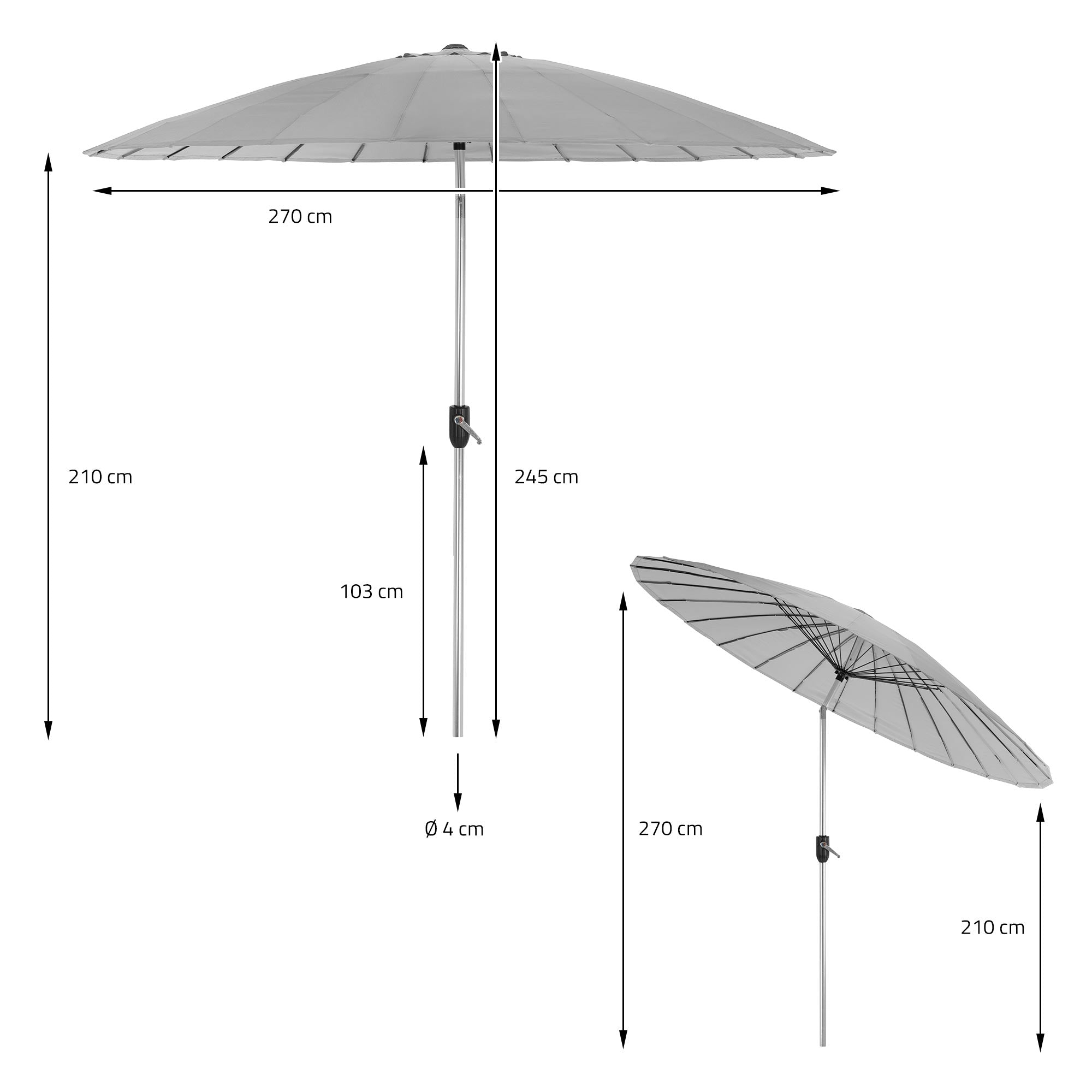 Sonnenschirm mit Maßen: 270 cm Durchmesser, 210 cm Höhe, 245 cm Höhe bei Neigung.