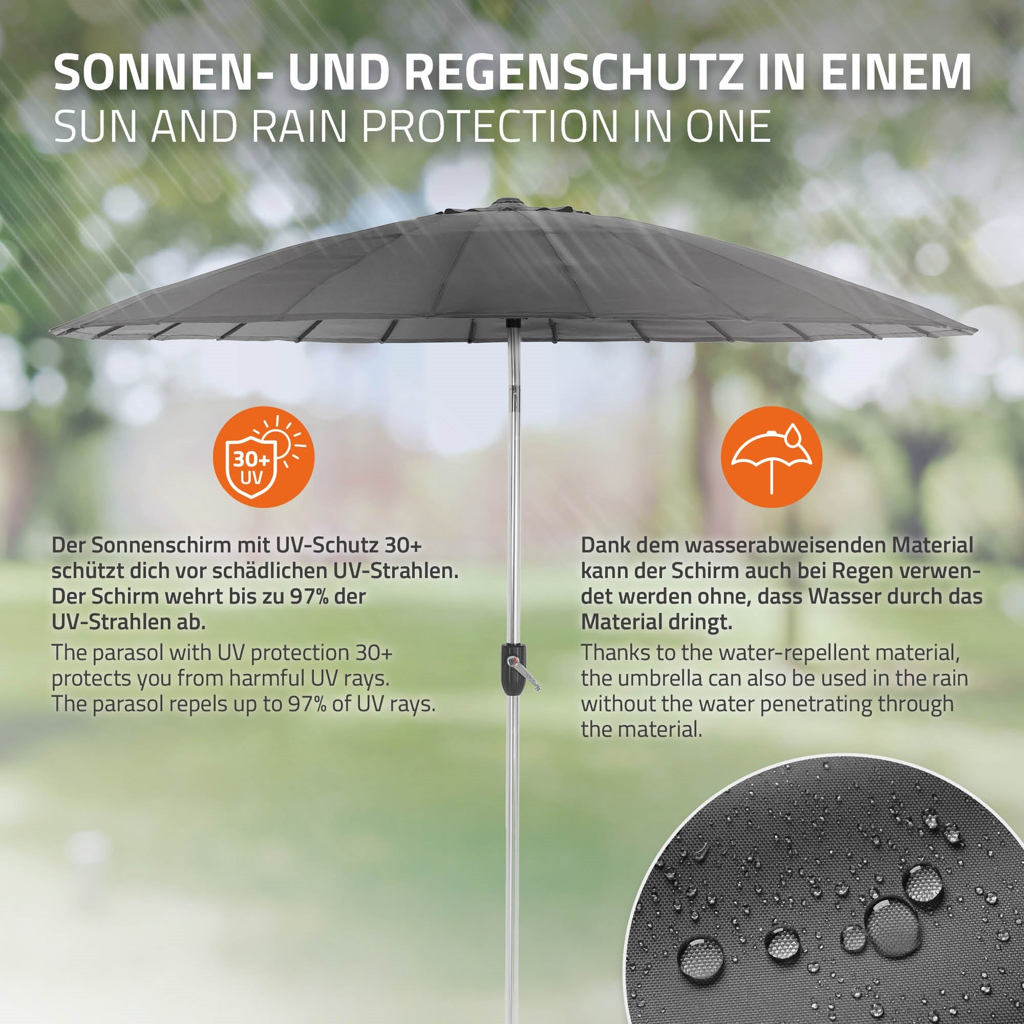 Ein Sonnenschirm mit Wasserabweisendem Material und UV-Schutz, im Freien aufgestellt.