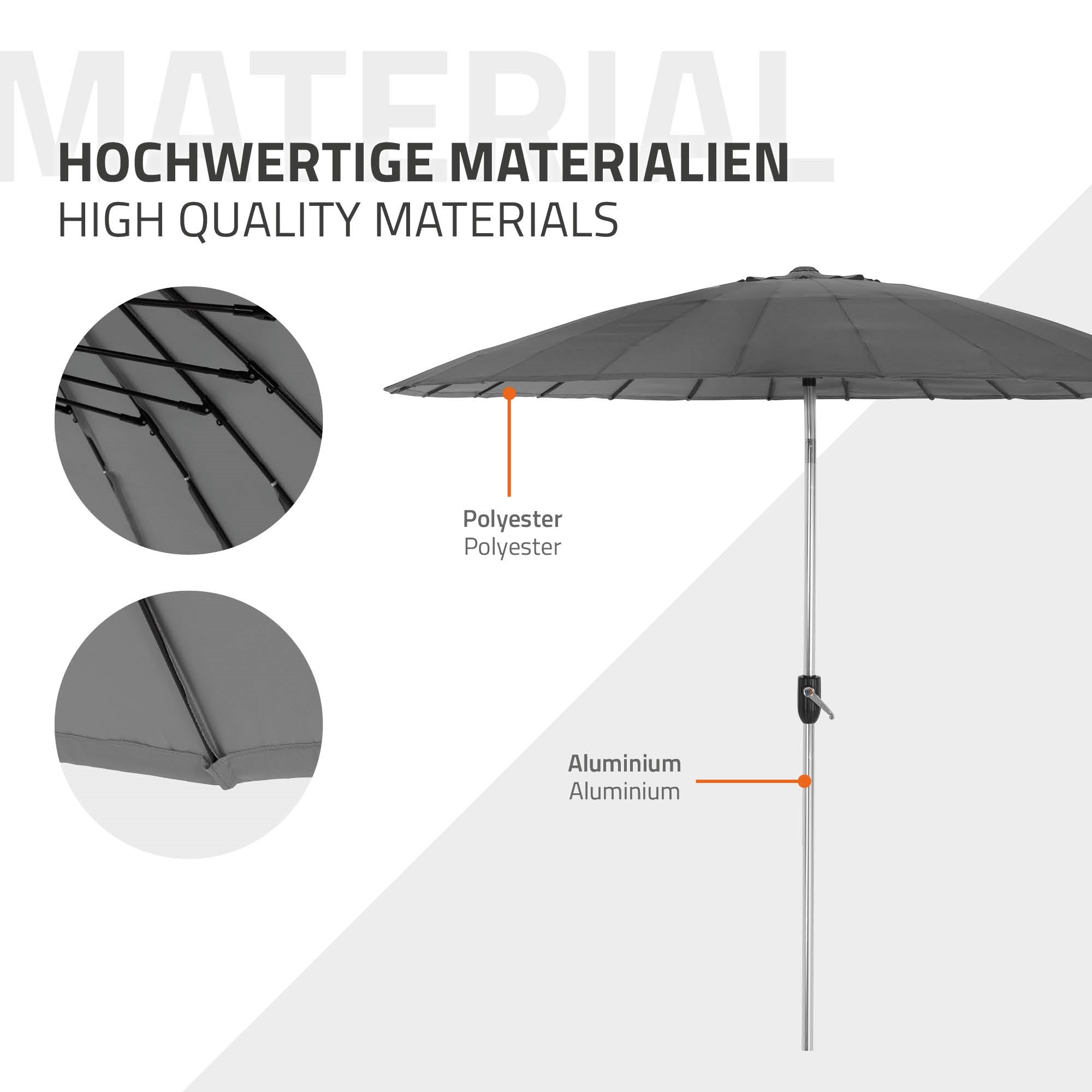 Schirm mit grauem Polyesterbezug und Aluminiumgestell.