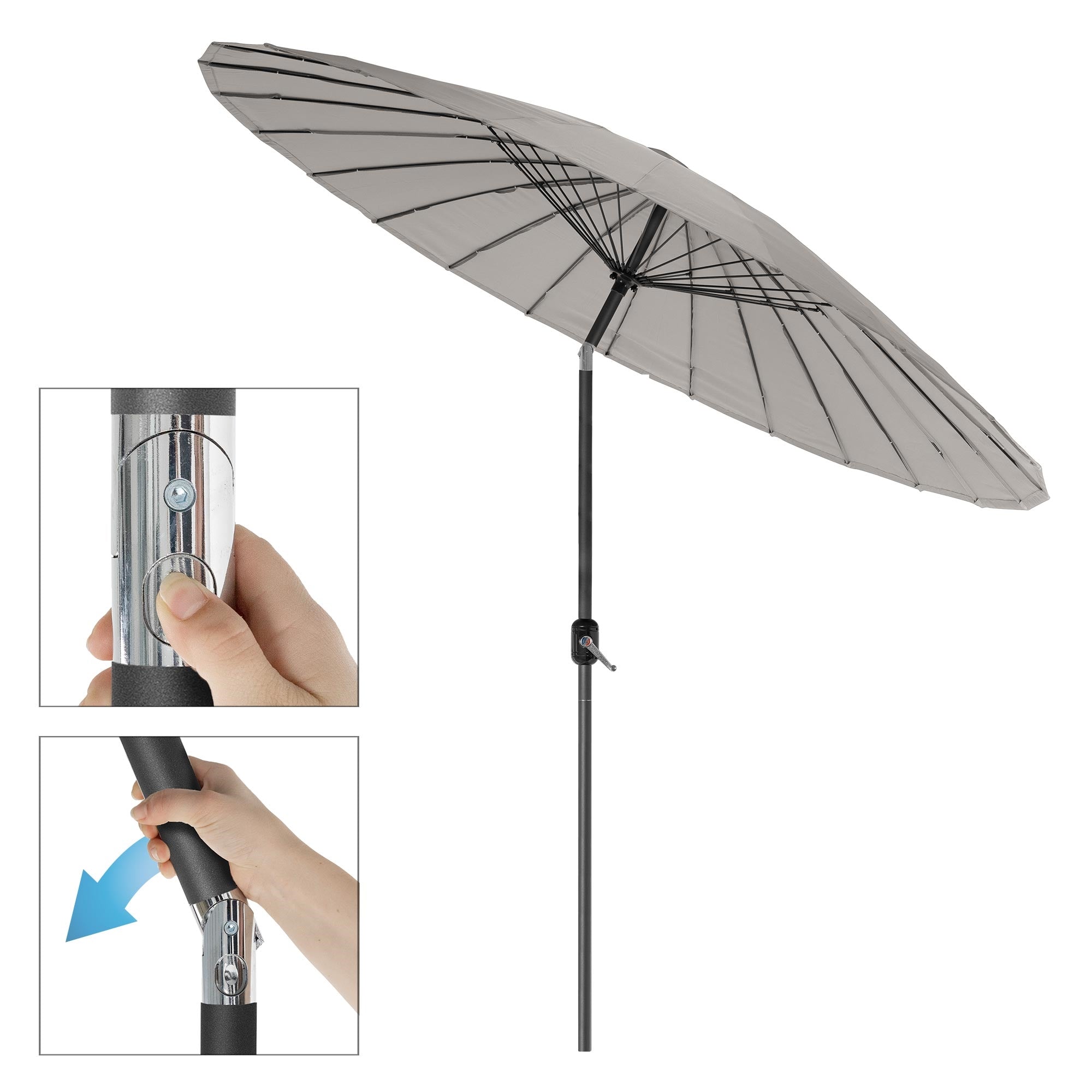 Parasol gris avec état ouvert et fermé, support visible.
