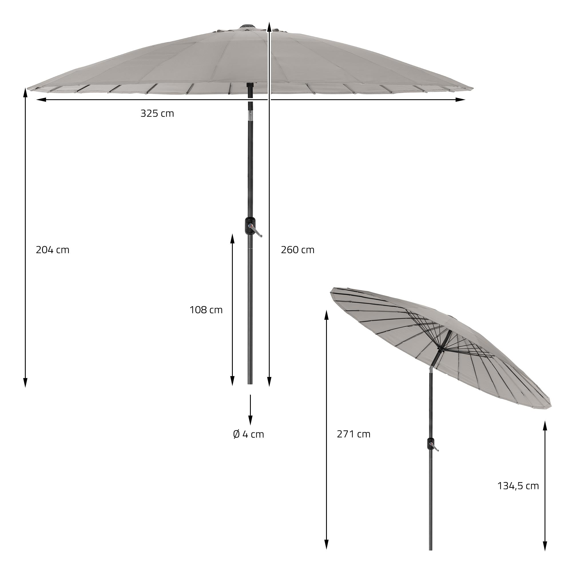 Dessin technique d'un parasol avec différentes dimensions.