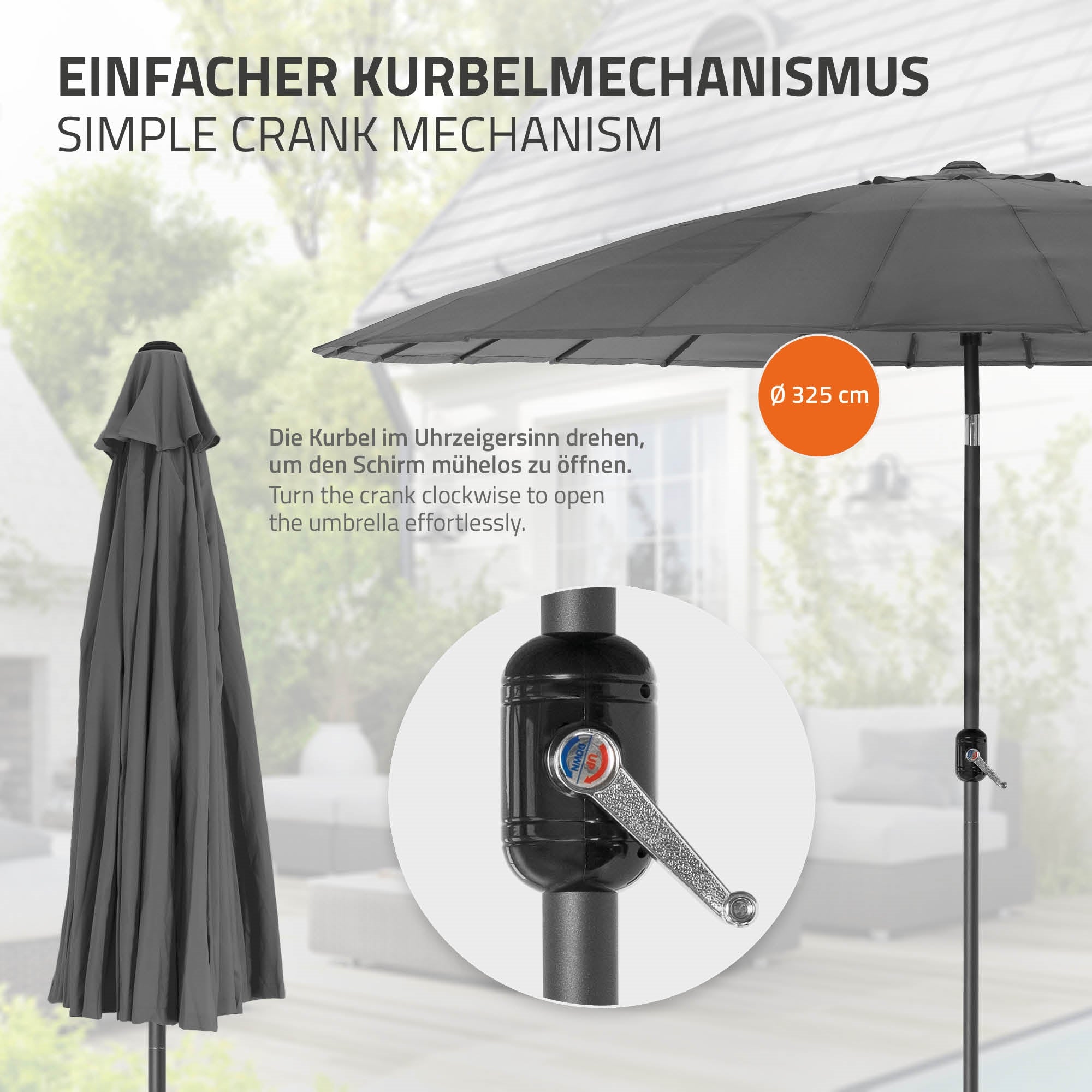Schirm mit Kurbelmechanismus, Durchmesser 325 cm, auf einem Tisch im Garten.