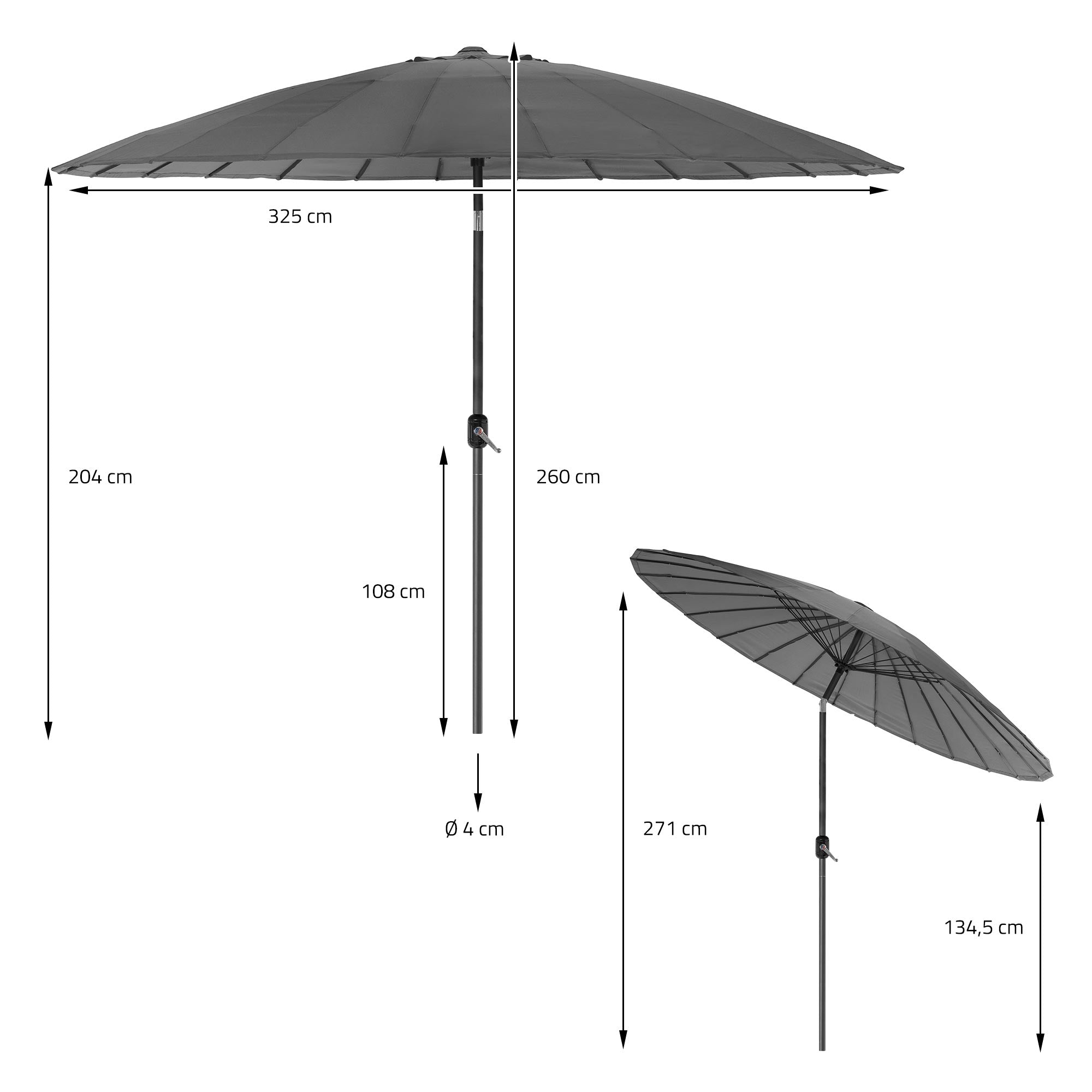 Dessin technique d'un parasol avec différentes hauteurs indiquées.