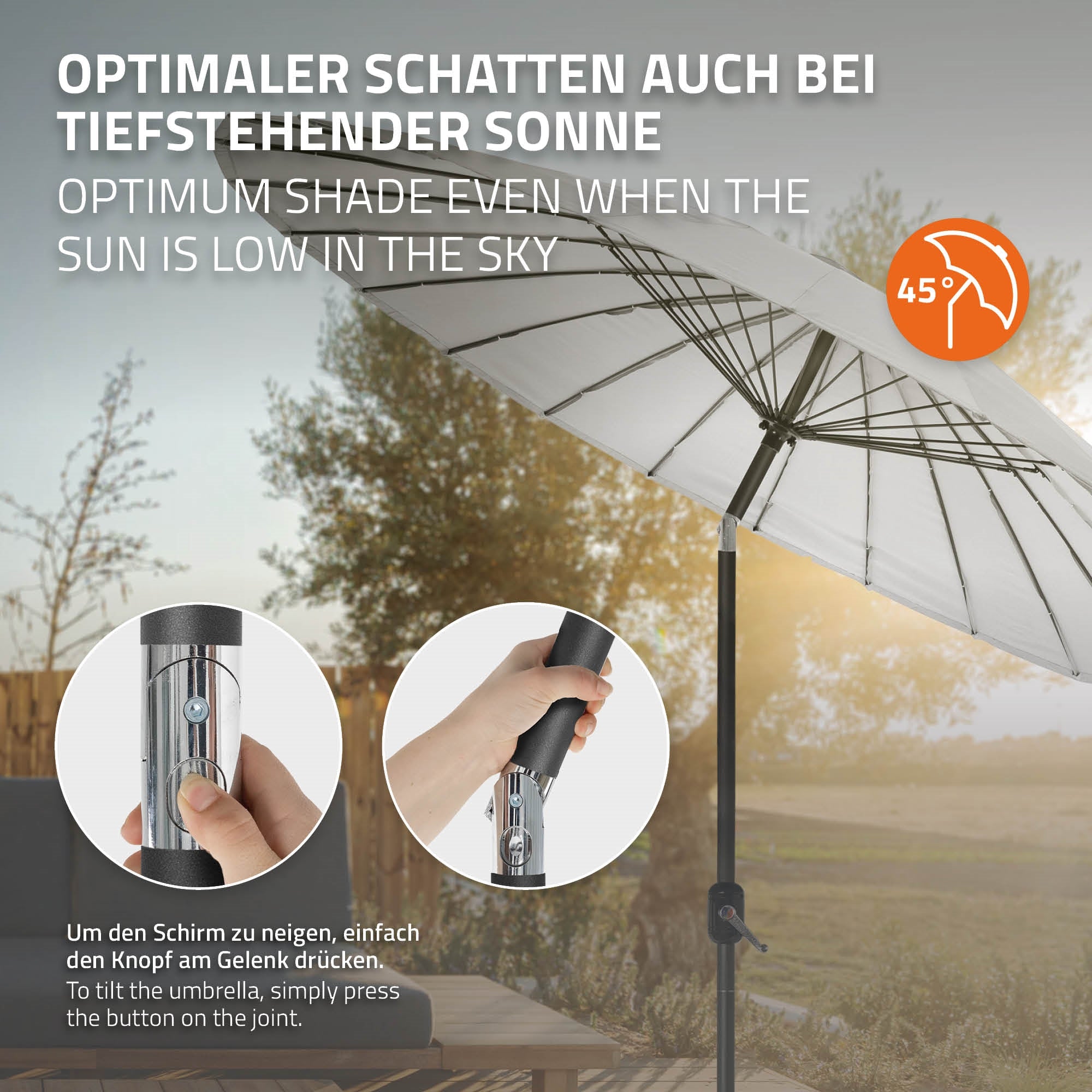 Hand, die einen Knopf am Gelenk eines Sonnenschirms drückt.