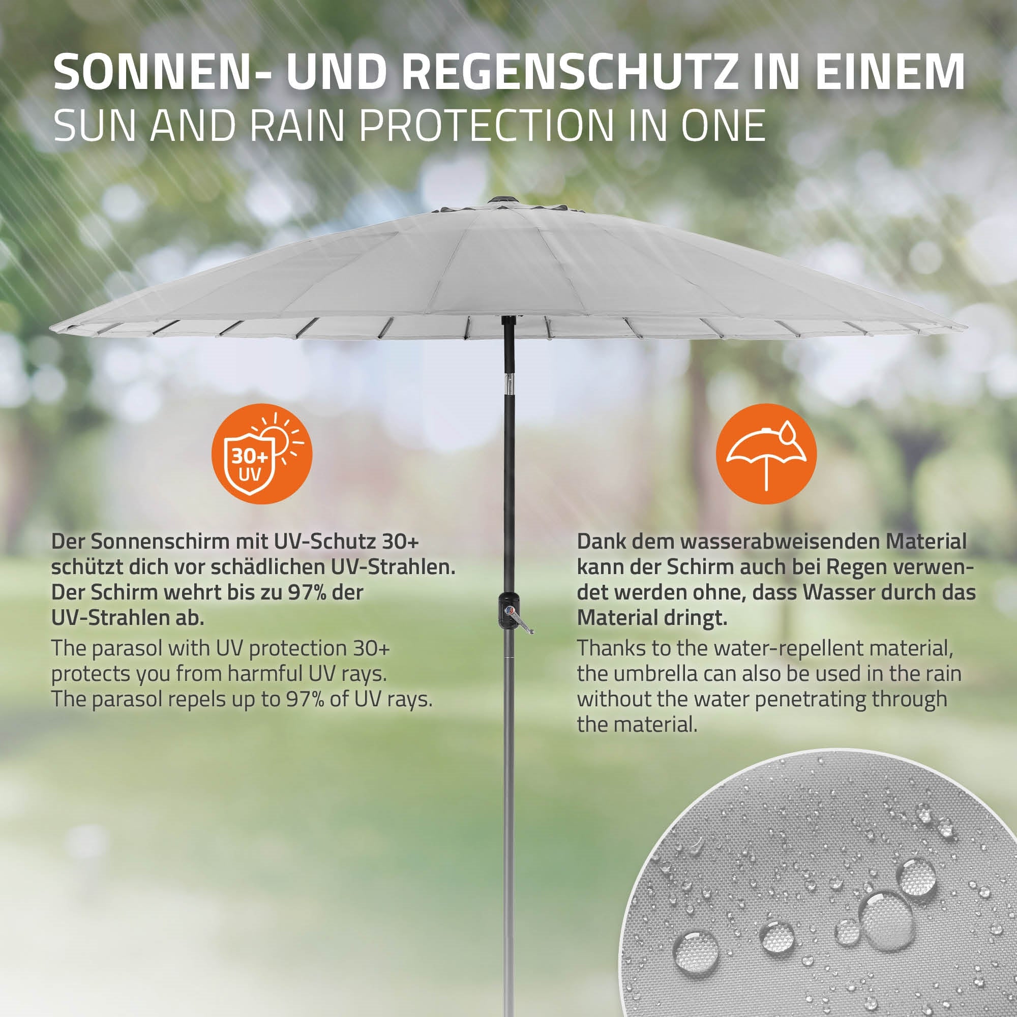 Sonnenschirm mit UV-Schutz und wasserabweisendem Material.