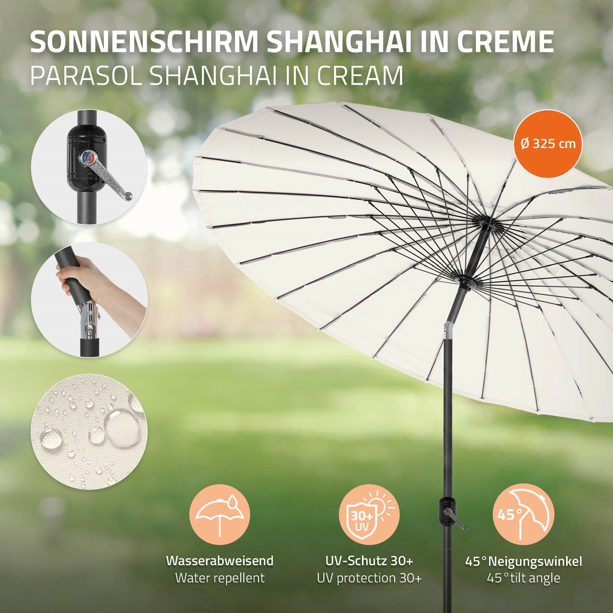 Parasol crème avec un matériau déperlant.