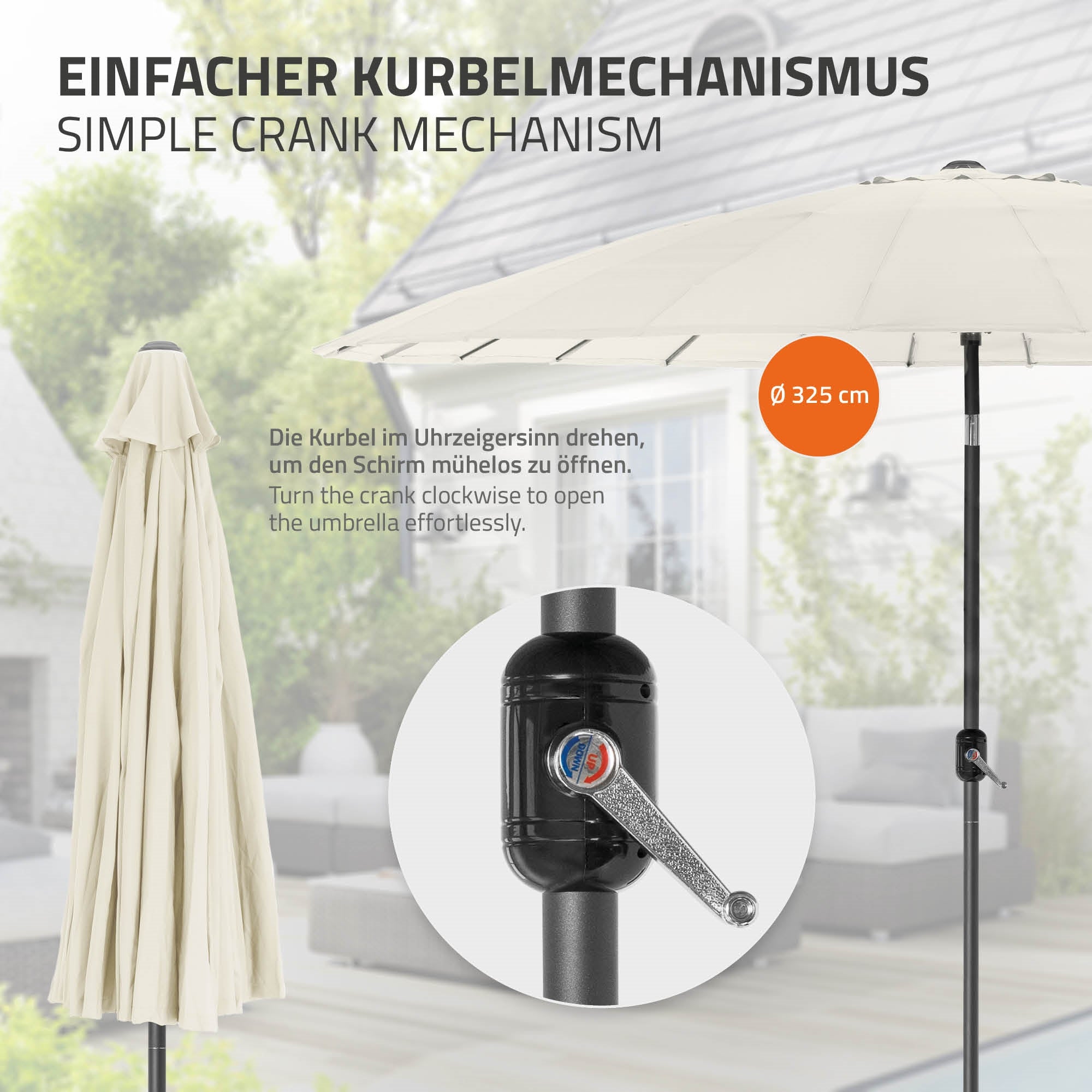 Mécanisme à manivelle d'un parasol avec un mode d'emploi.