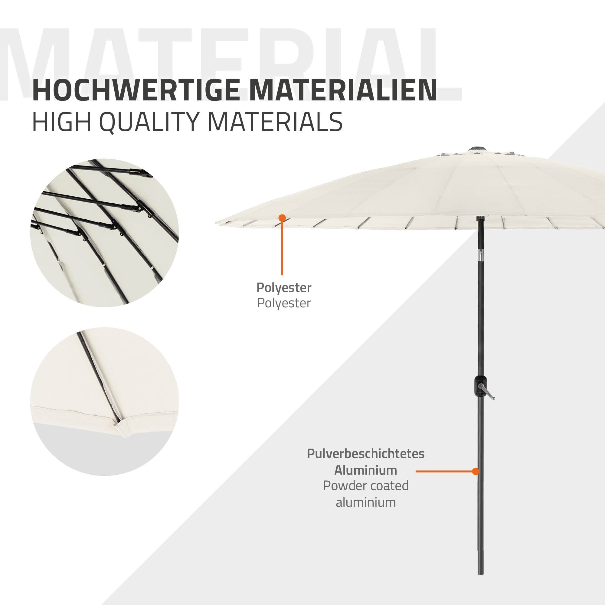 Vue détaillée d'un parasol en polyester et en aluminium laqué.