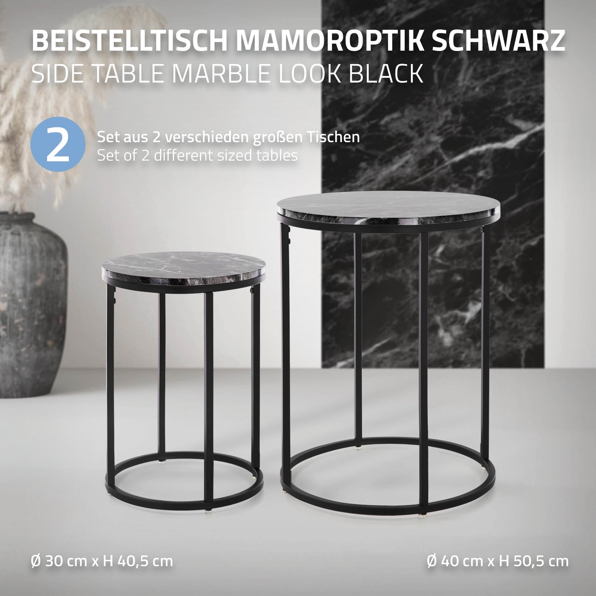 Beistelltisch in Marmoroptik schwarz, zwei verschiedene Größen.