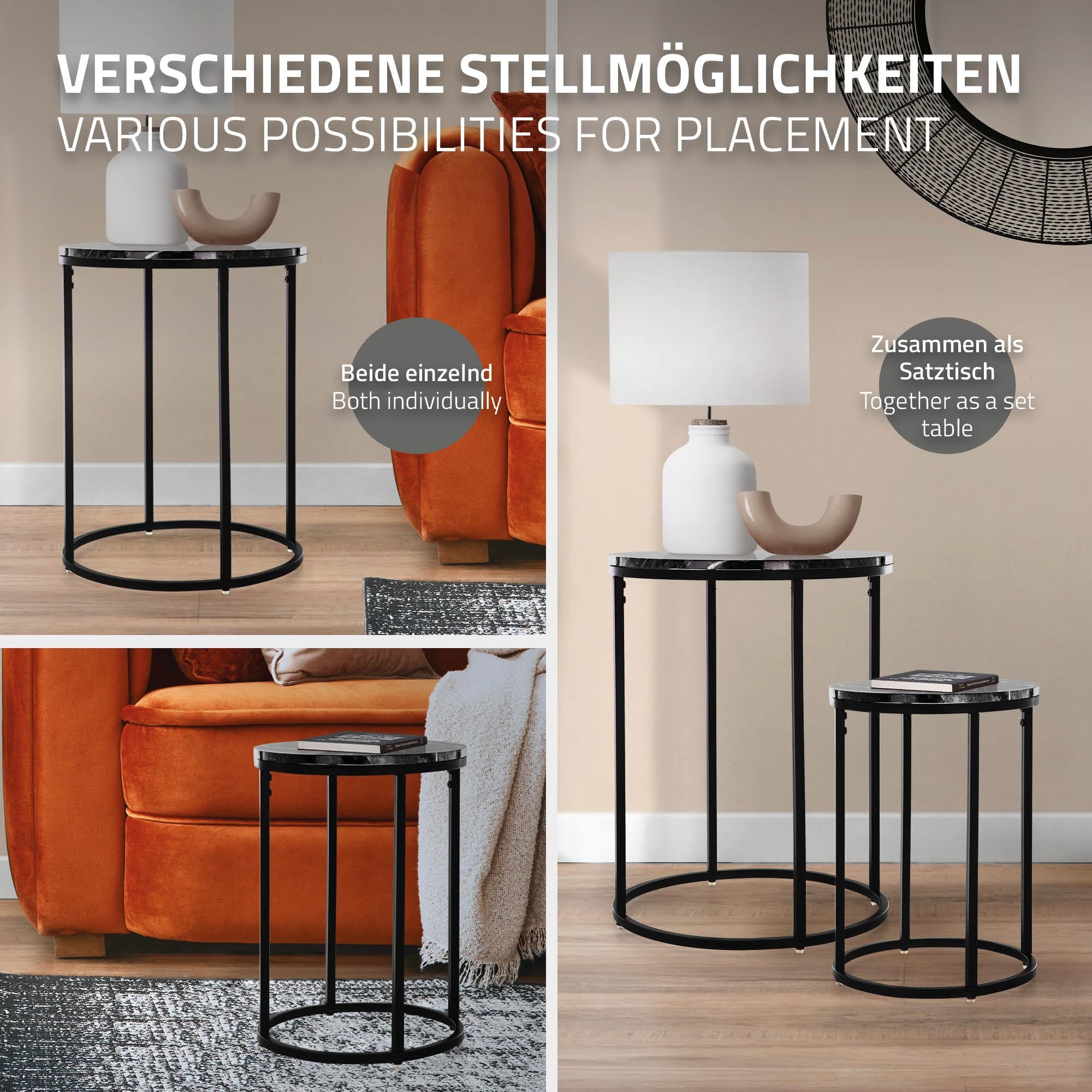 Collage von Tischen mit verschiedenen Platzierungsmöglichkeiten.