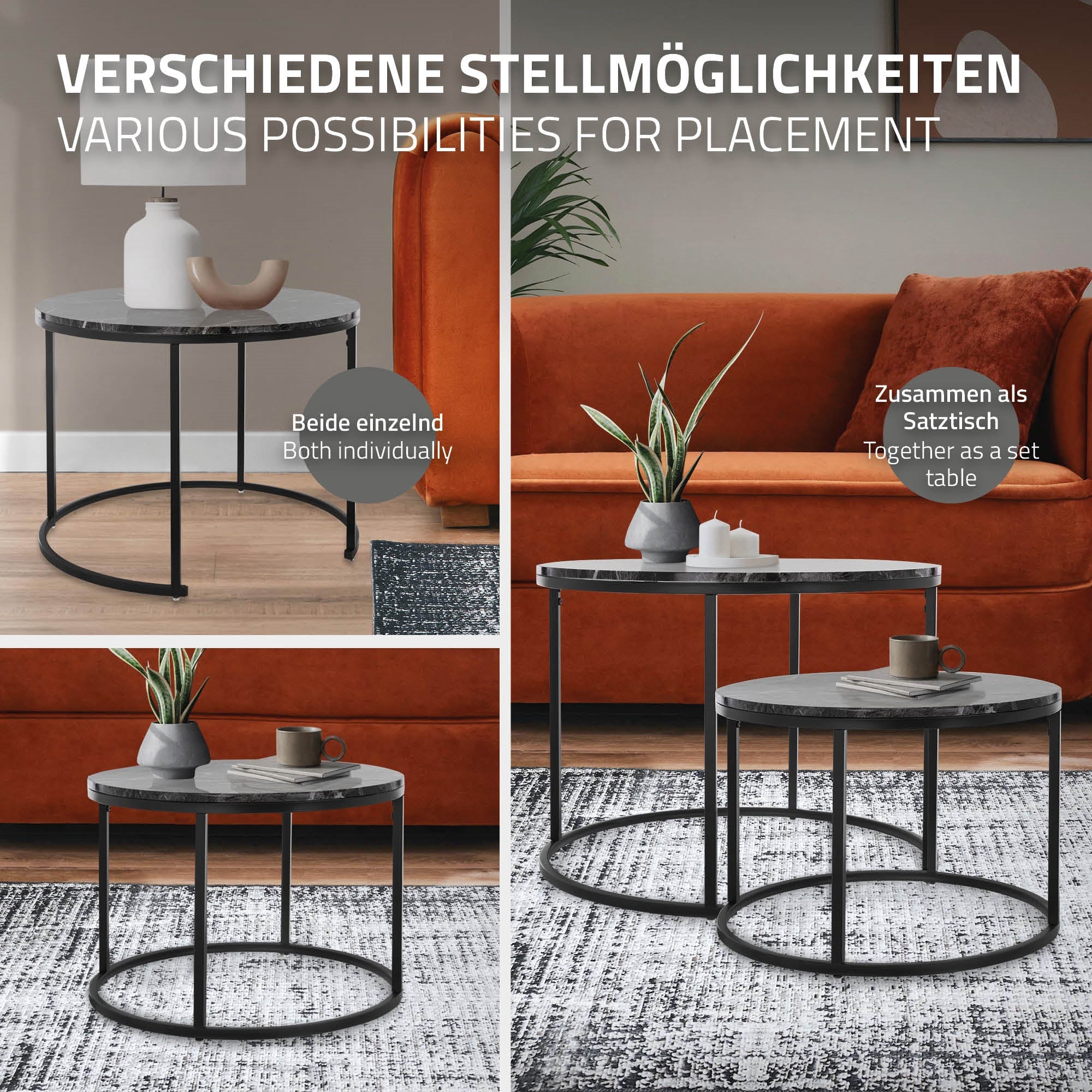 Drei verschiedene Anordnungen von Beistelltischen in einem Wohnzimmer.