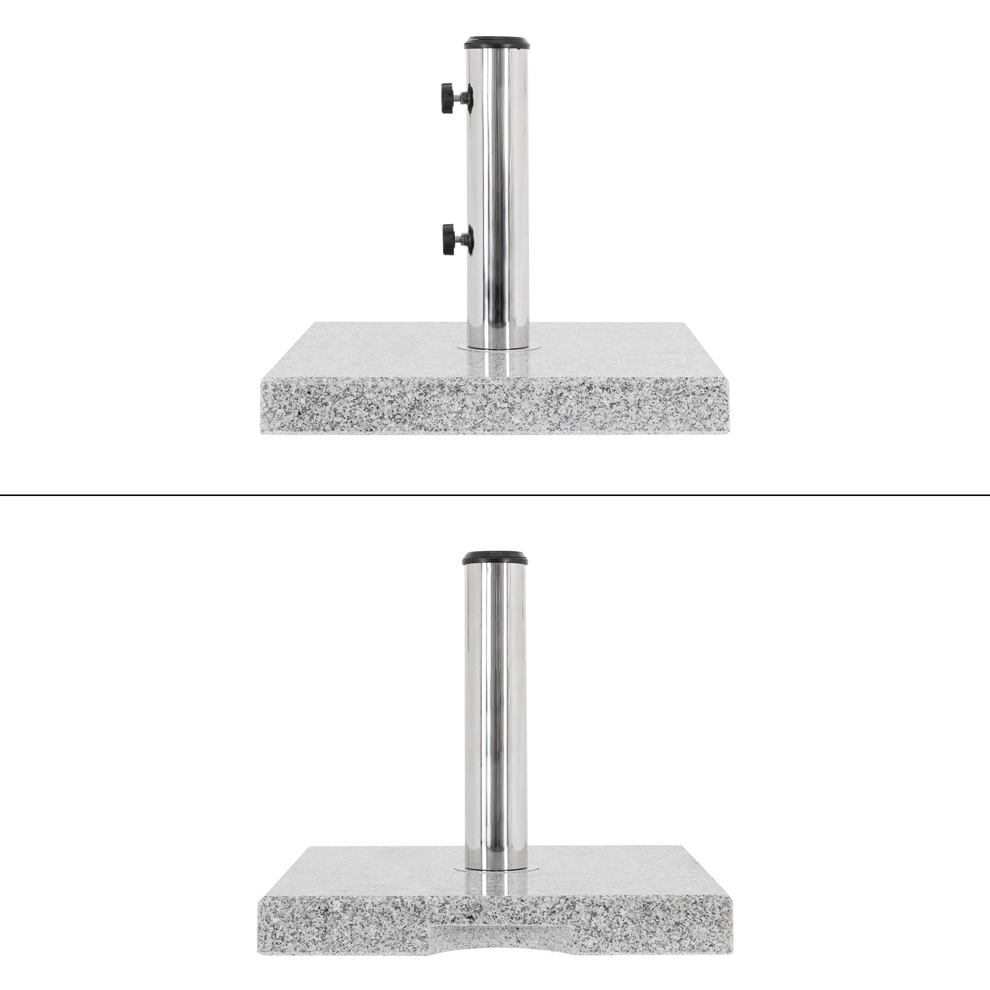 Una estructura de mesa de acero inoxidable sobre una losa de piedra gris.