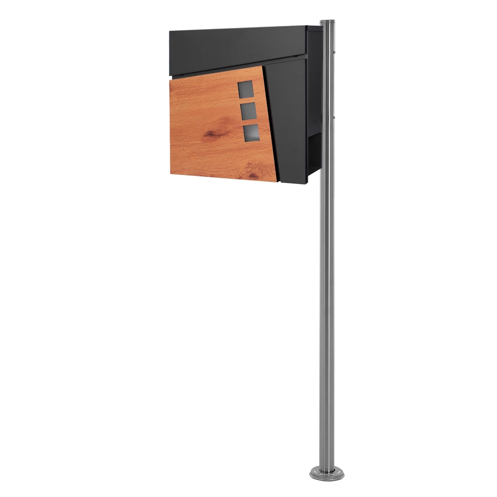Postkasse med træ- og metaloverflade, sidevisning.