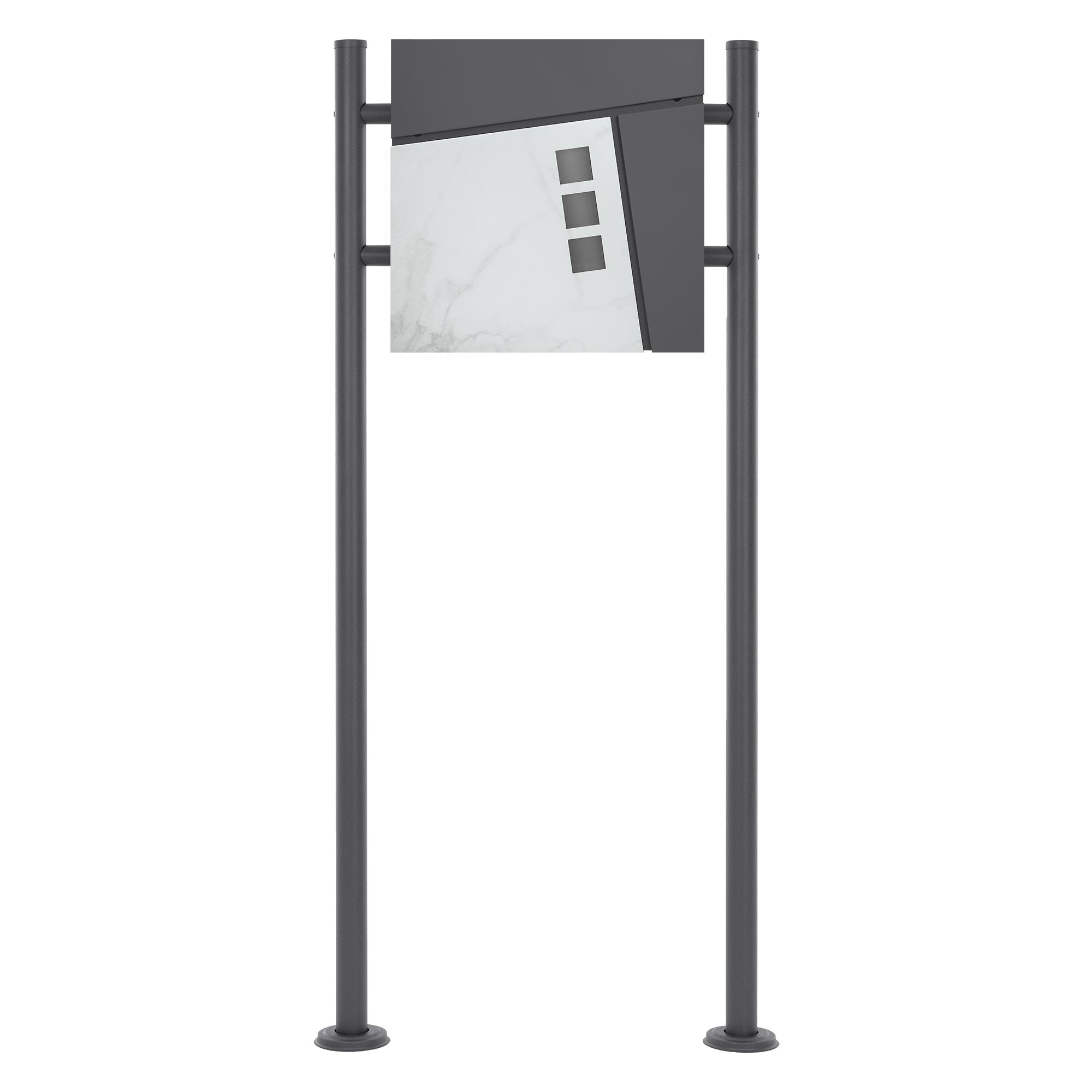 Freistehender Briefkasten mit grauer und marmorierter Oberfläche auf zwei Stützen.