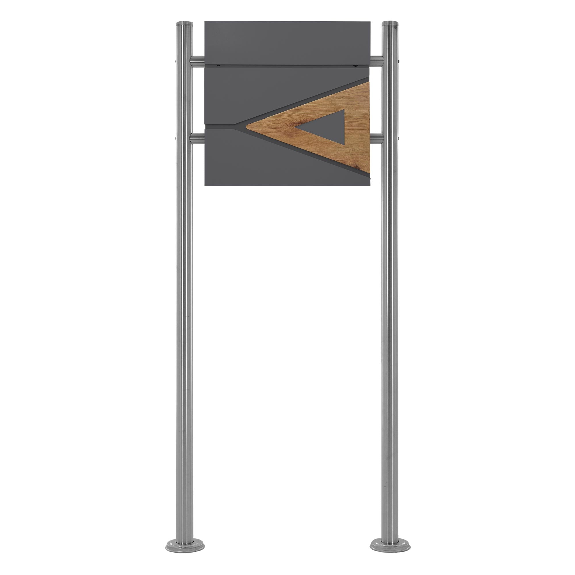 Grijze wandplaat met houten details, gemonteerd aan twee metalen palen.
