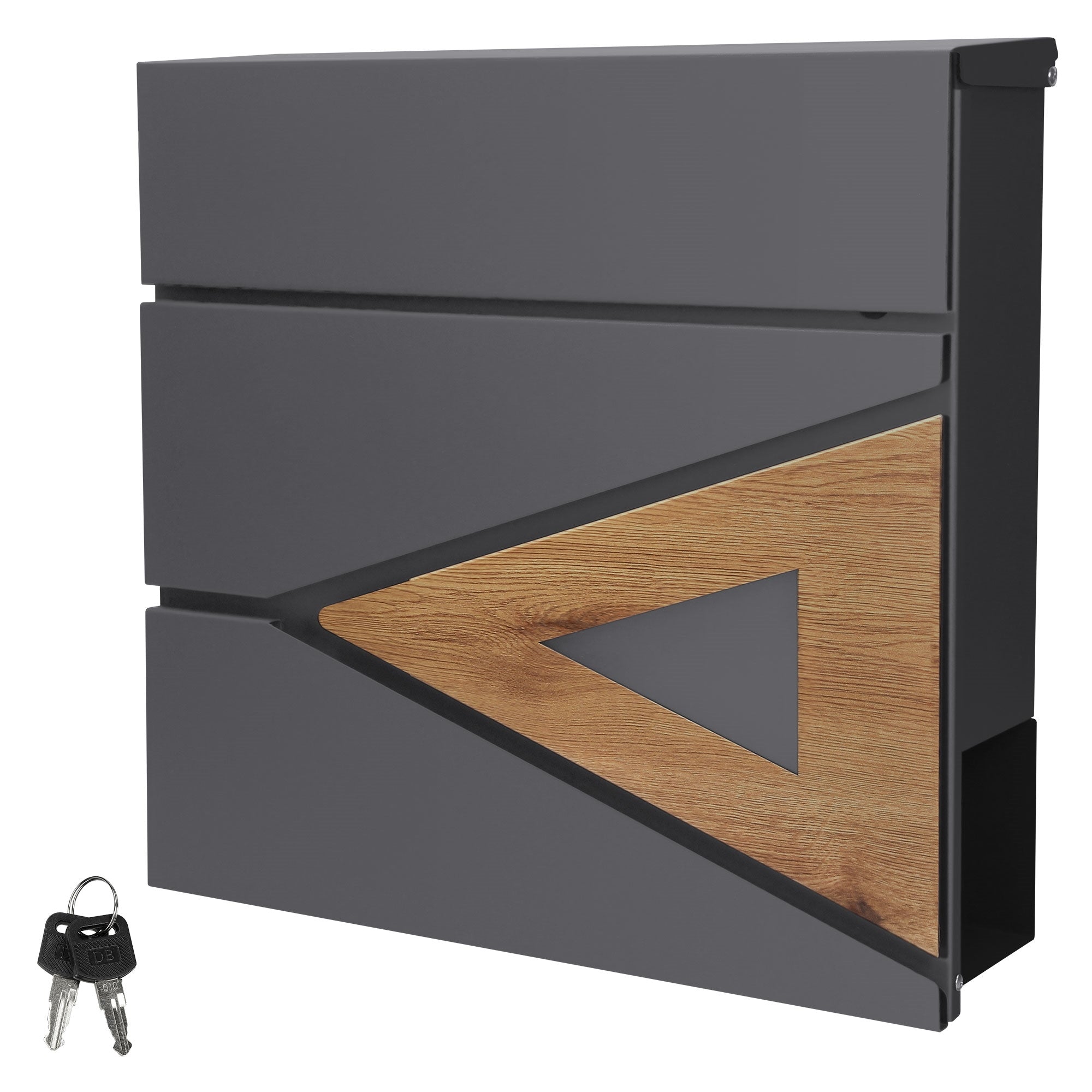 A gray mailbox with a wood look and a key next to it.
