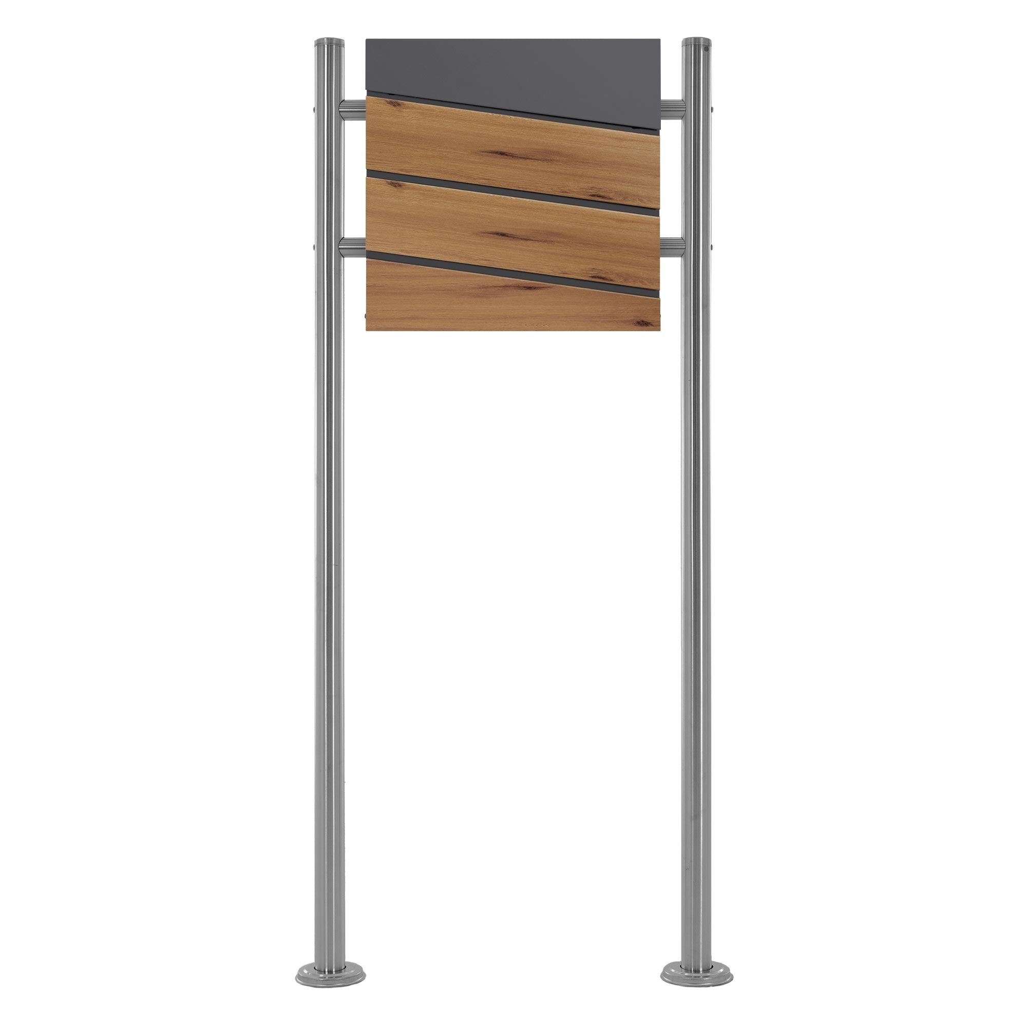 Brievenbus in antraciet met eiken decor, op een metalen standaard.