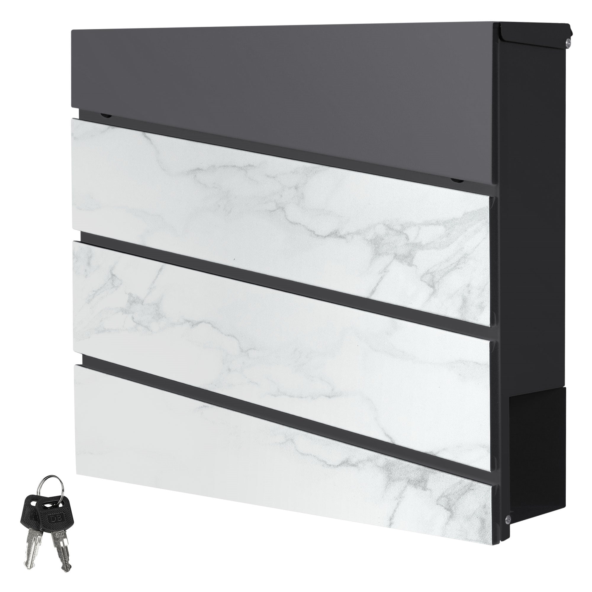 Mailbox with three white fronts and gray housing, next to two keys.