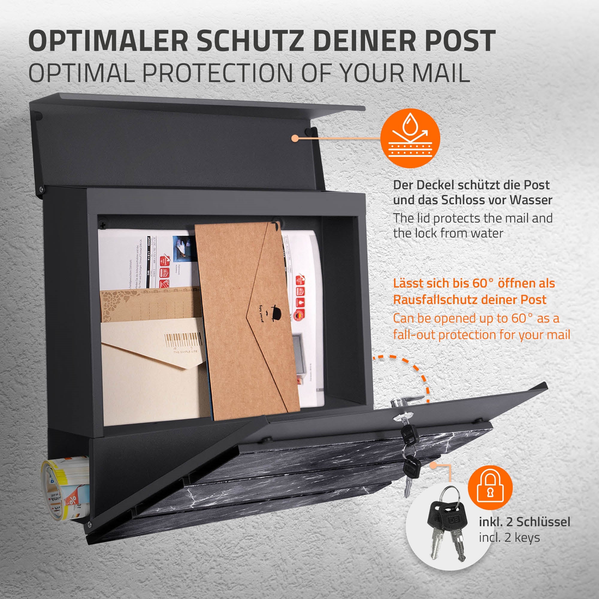 Schwarze Briefkasten mit geöffnetem Deckel, darin liegen Briefe.