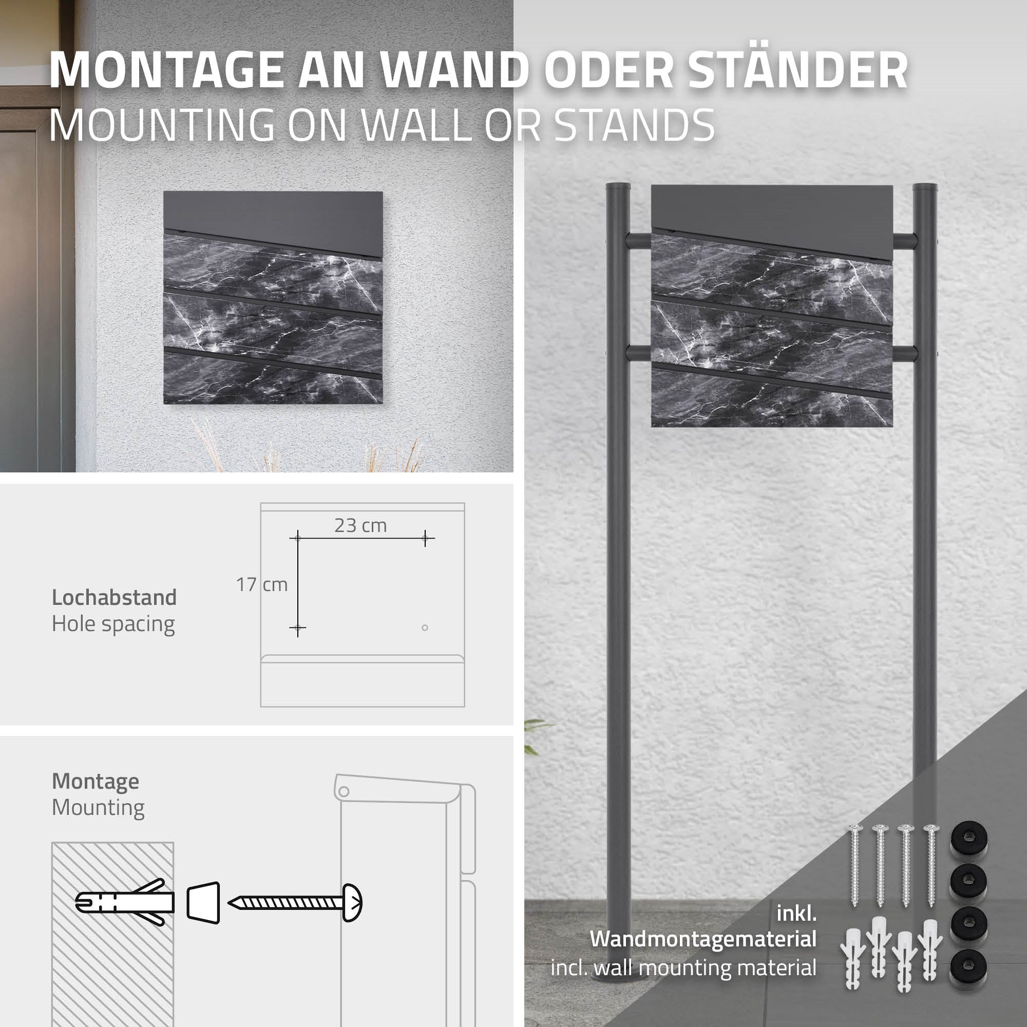 Montageanleitung für Briefkasten an Wand oder Ständer.