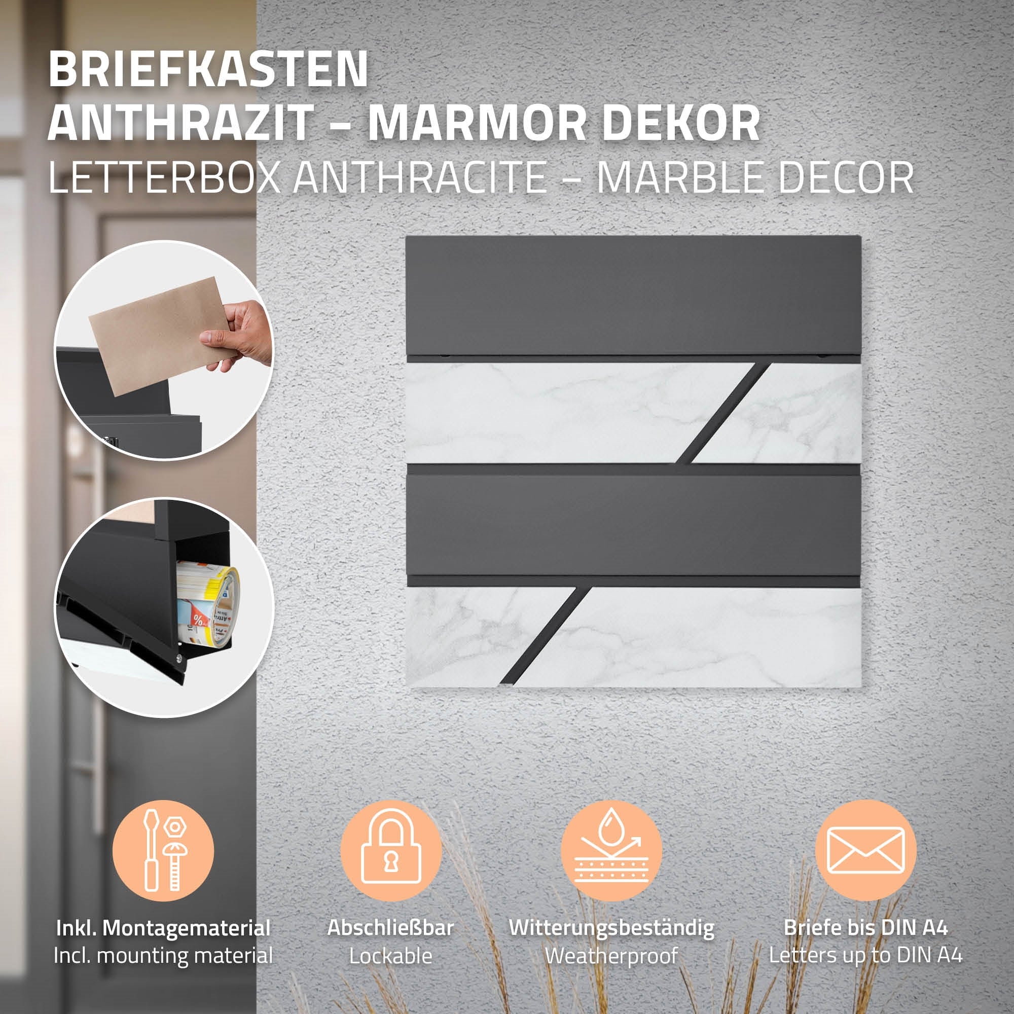Postkasse i antracit med marmor dekoration, vejrbestandig og låsbar.